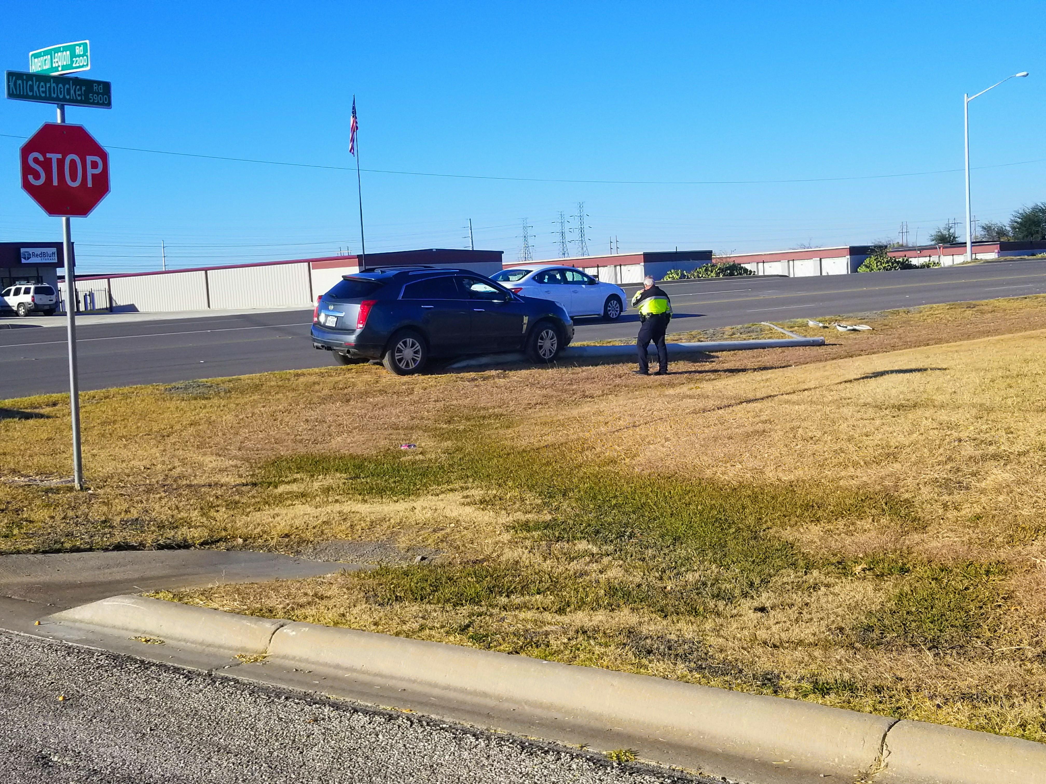Cadillac Crashes into light pole on Knickerbocker Rd. at Red Bluff Rd. Cadillac Crashes into light pole on Knickerbocker Rd. at Red Bluff Rd.