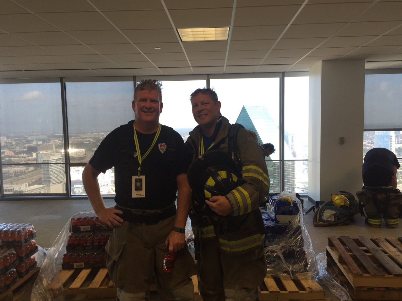 San Angelo Firefighters Donald White and Larry Russell pose for a picture at a resting station inside the Dallas Renaissance Tower on Sept. 5, 2015.(Contributed Photo\Larry Russell) San Angelo Firefighters Donald White and Larry Russell pose for a picture at a resting station inside the Dallas Renaissance Tower on Sept. 5, 2015.(Contributed Photo\Larry Russell)