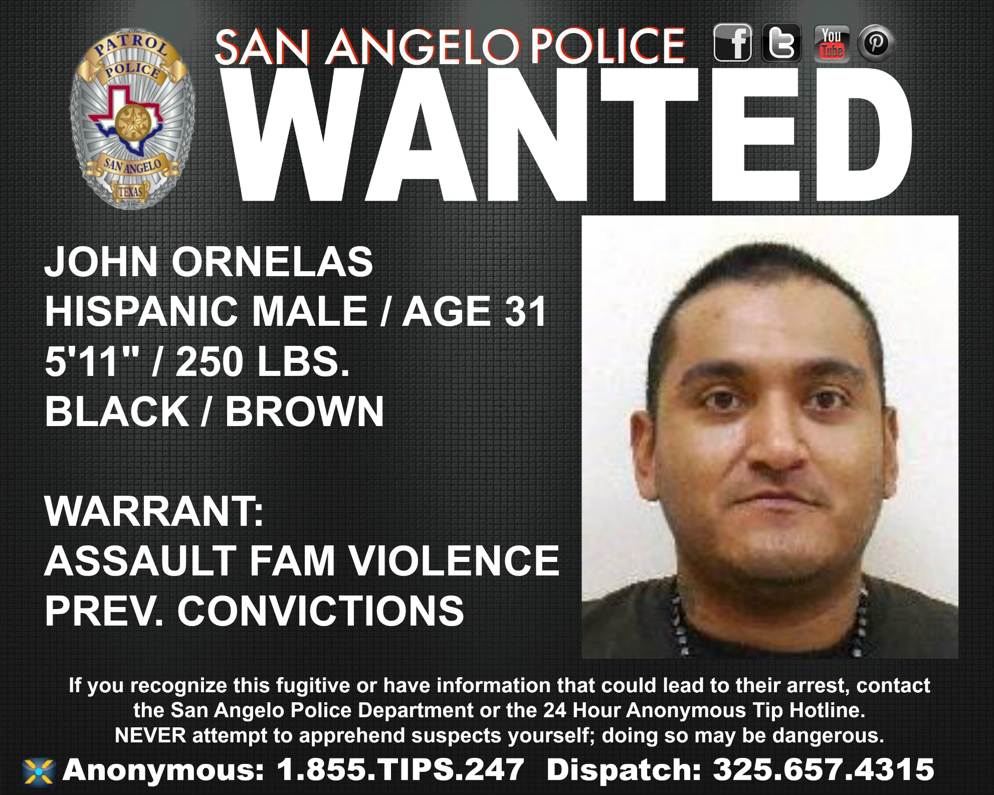 John Ornelas: Wanted Wednesday suspect.(Contributed Photo/DPS) John Ornelas: Wanted Wednesday suspect.(Contributed Photo/DPS)