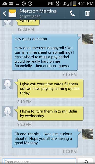 An example of a text message exchange Police Chief Ethan Farmer had with city staff. (Screenshot from Farmer's defense packet)