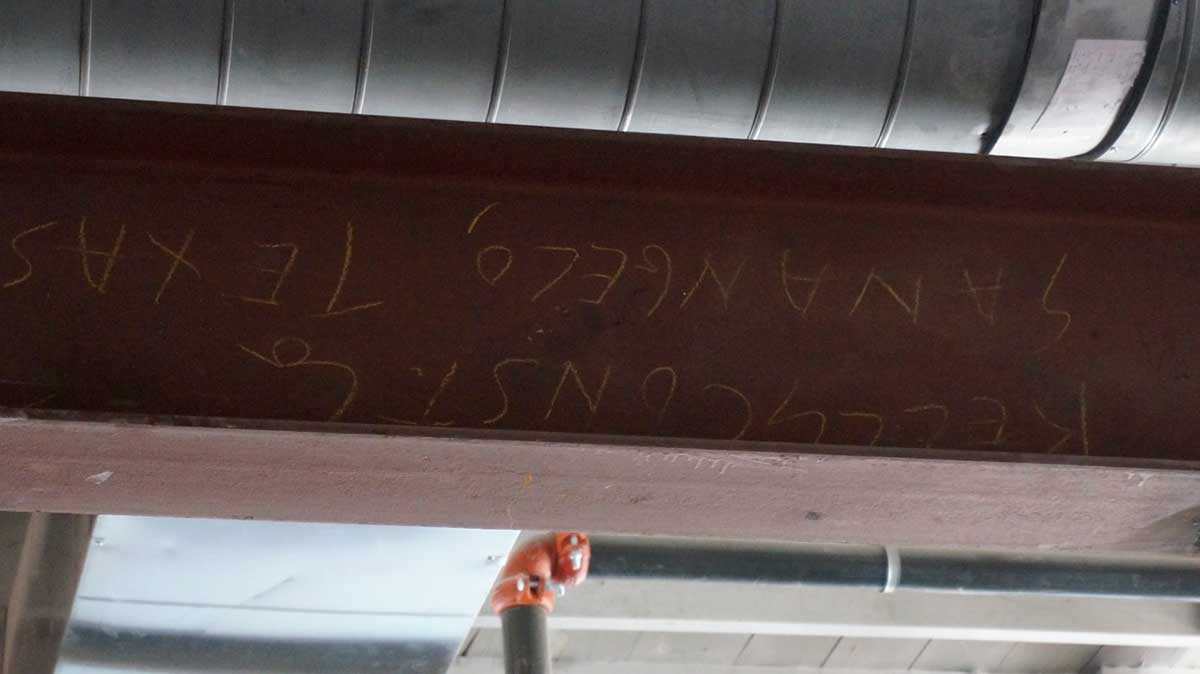 Original chalk writing on the beams in the ceiling of the 1950s-era building. (LIVE! Photo/Joe Hyde) Original chalk writing on the beams in the ceiling of the 1950s-era building. (LIVE! Photo/Joe Hyde)