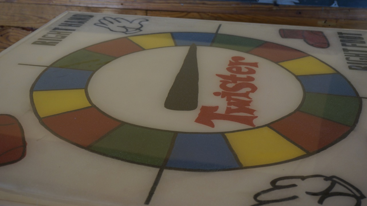 One table has a replica of the 1960s-era “Twister” game that both partners fondly remember from their childhood in west Texas. (LIVE! Photo/Joe Hyde) One table has a replica of the 1960s-era “Twister” game that both partners fondly remember from their childhood in west Texas. (LIVE! Photo/Joe Hyde)