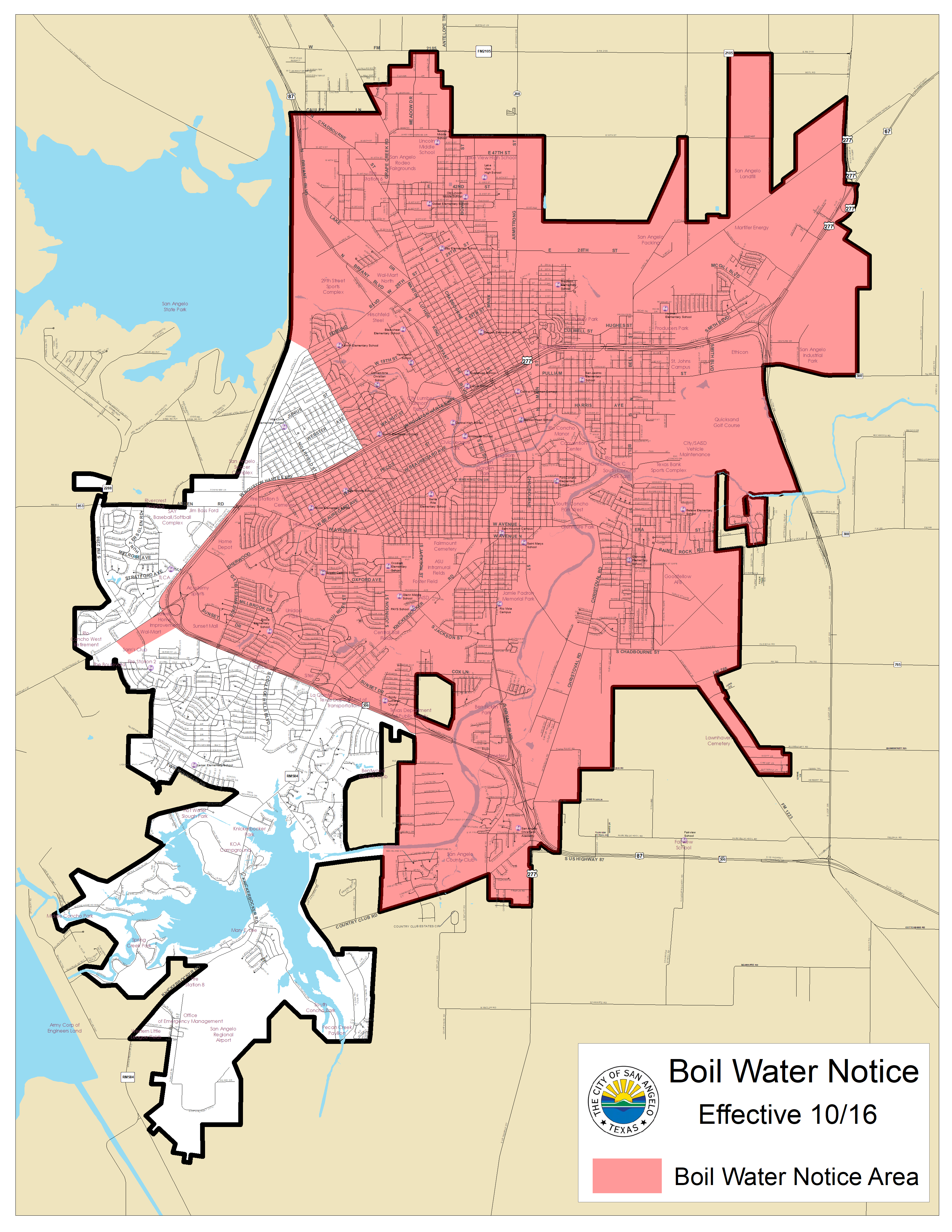 Boil Water Notice for water fetched from faucets within the red area