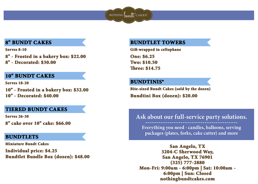 Nothing Bundt Cakes Menu