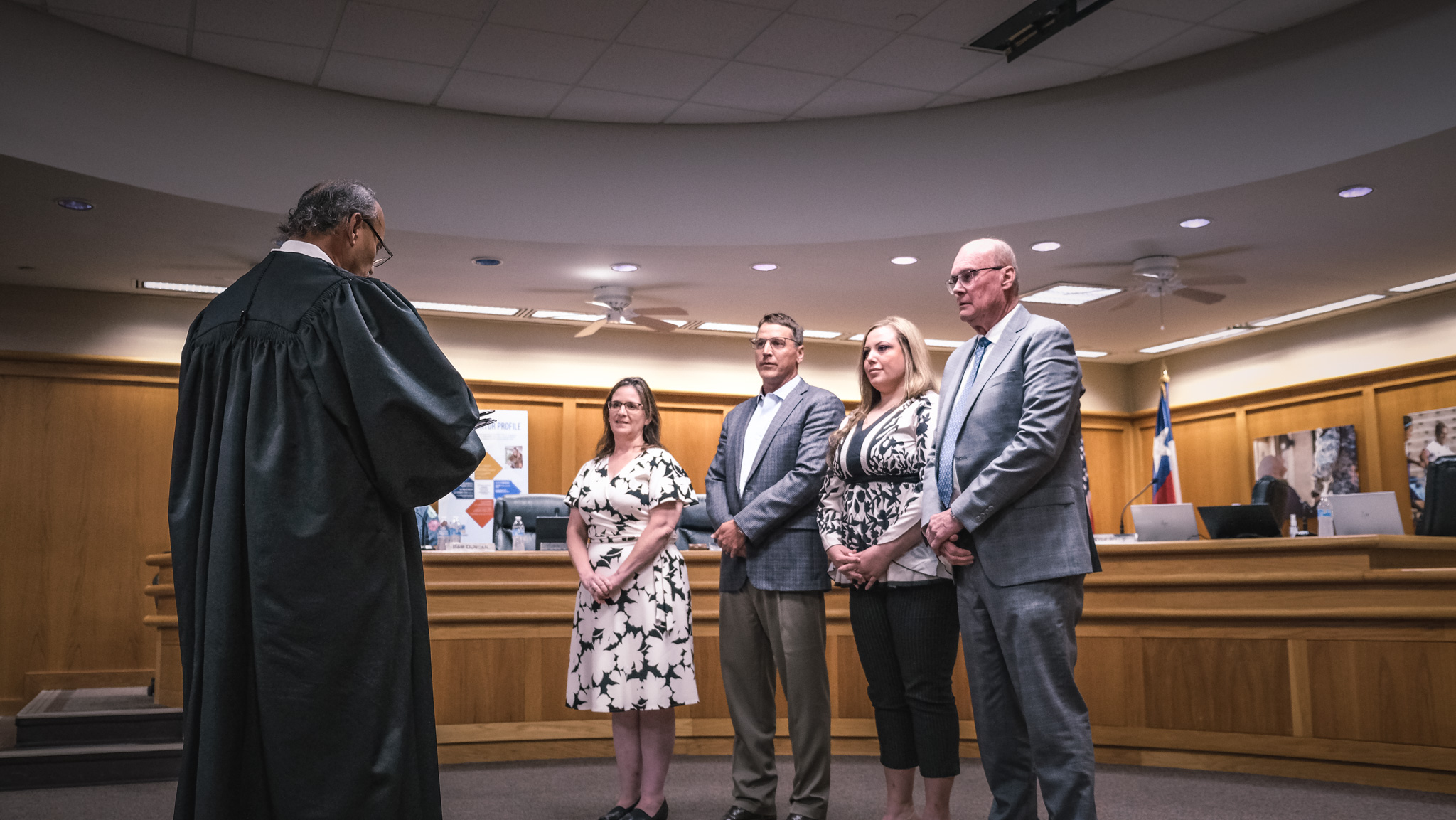 Judge Gonzalo Rios administers the oath of office to newly elected and returning San Angelo ISD trustees, from left: Ami Mizell-Flint, Dr. Taylor Kingman, Karla Cardenas, and Bill Dendle, during the May 19, 2025, board meeting. Judge Gonzalo Rios administers the oath of office to newly elected and returning San Angelo ISD trustees, from left: Ami Mizell-Flint, Dr. Taylor Kingman, Karla Cardenas, and Bill Dendle, during the May 19, 2025, board meeting.