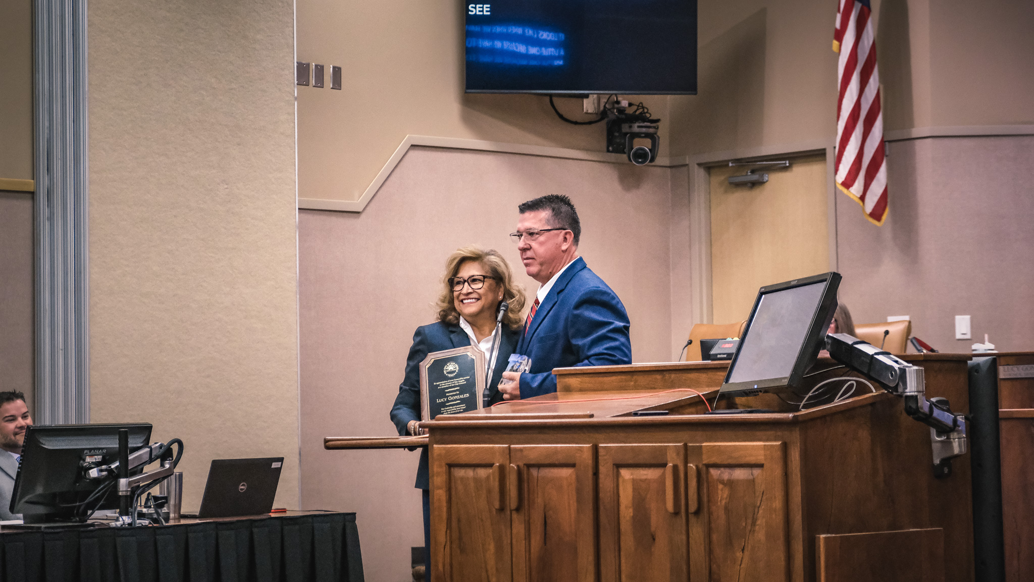 Lucy Gonzales (District 4) recognized for her efforts during a city council meeting. Lucy Gonzales (District 4) recognized for her efforts during a city council meeting.