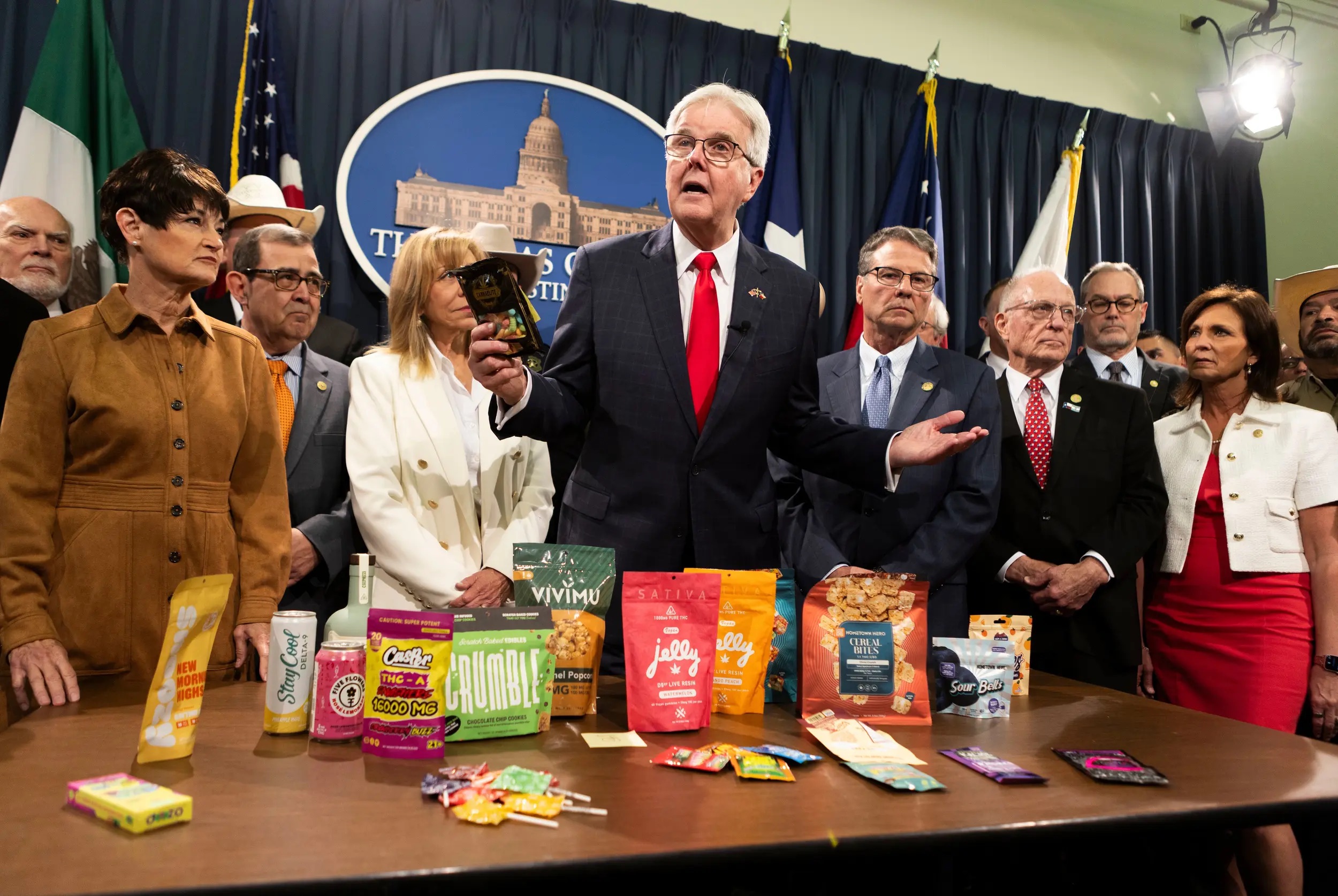 Lt. Gov. Dan Patrick speaks about Senate Bill 3 during a press conference in the Texas Capitol on May 28, 2025. Patrick, flanked by state lawmakers, argued the bill's ban on THC products would be a service to Texans, saving their lives. Credit: Lorianne Willett/The Texas Tribune Lt. Gov. Dan Patrick speaks about Senate Bill 3 during a press conference in the Texas Capitol on May 28, 2025. Patrick, flanked by state lawmakers, argued the bill's ban on THC products would be a service to Texans, saving their lives. Credit: Lorianne Willett/The Texas Tribune