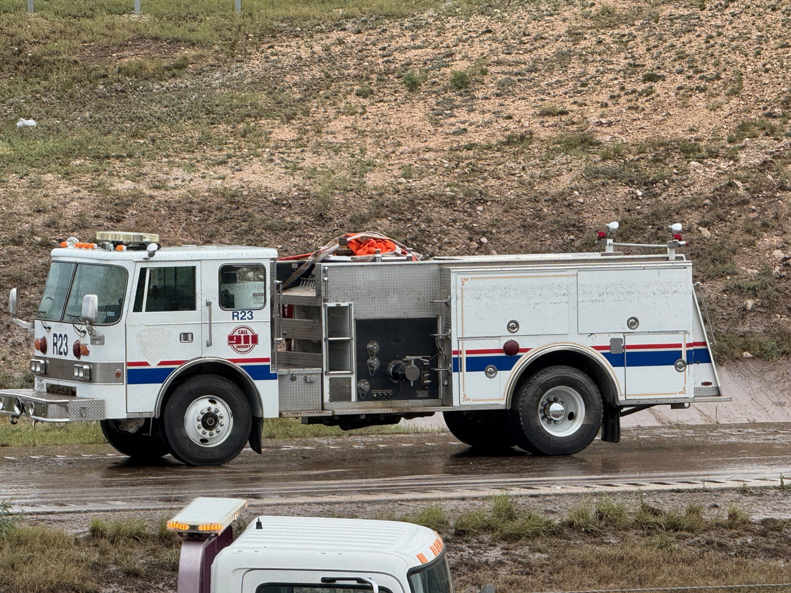 The firetruck after the water drained. It was a former SAFD fire truck sold to a volunteer fire department, Police Chief Travis Griffith guessed. It was not a SAFD truck and you can note that SAFD markings have been removed. The firetruck after the water drained. It was a former SAFD fire truck sold to a volunteer fire department, Police Chief Travis Griffith guessed. It was not a SAFD truck and you can note that SAFD markings have been removed.