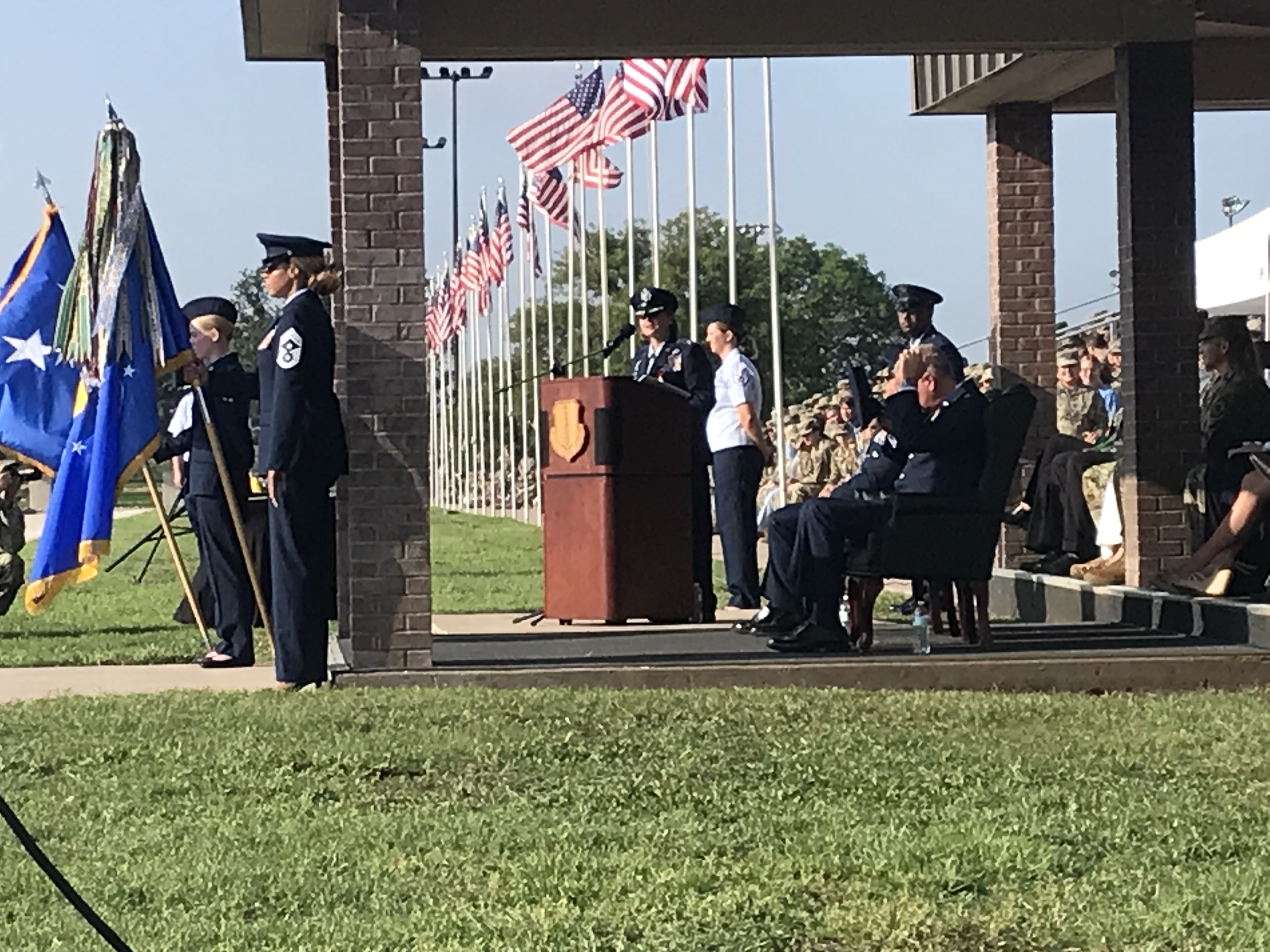 Col. Angelina Maguinness delivers her final remarks in a change of command ceremony at Goodfellow Air Force Base on Thursday, July 17, 2025. Col. Angelina Maguinness delivers her final remarks in a change of command ceremony at Goodfellow Air Force Base on Thursday, July 17, 2025.