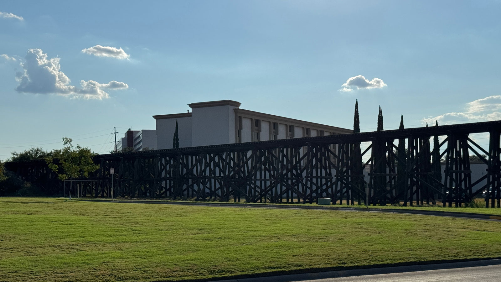 The 140-room Clarion Hotel, built in 1984, sits in a strategic location next to the McNease Convention Center and a picturesque railroad trestle of the former Kansas City, Mexico and Orient of Texas rail line, now called the Texas Pacifico, or TXPF. The 140-room Clarion Hotel, built in 1984, sits in a strategic location next to the McNease Convention Center and a picturesque railroad trestle of the former Kansas City, Mexico and Orient of Texas rail line, now called the Texas Pacifico, or TXPF.