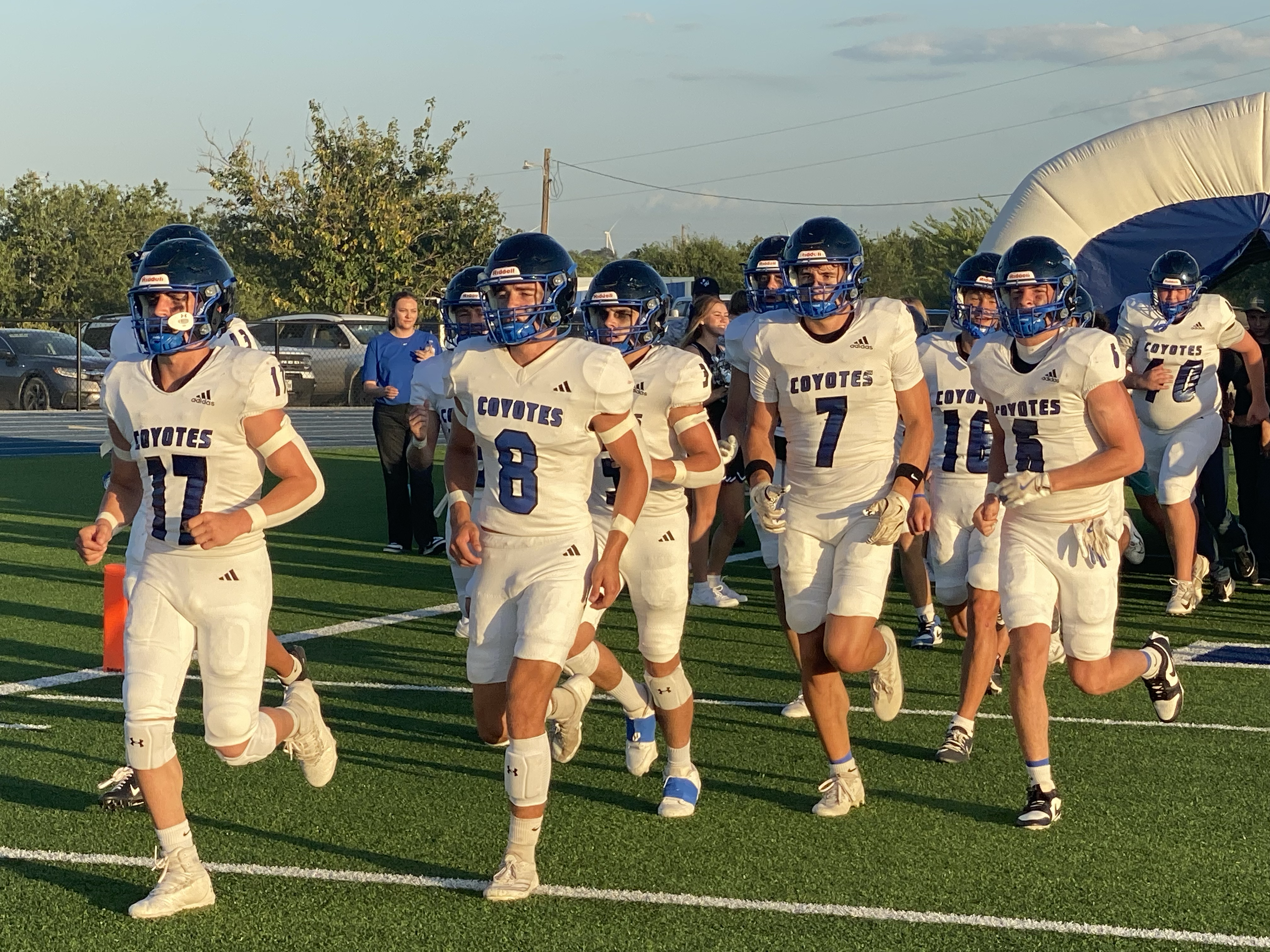 The Richland Springs Coyotes run onto the field before their football game against the Gordon Longhorns on Thursday, Aug. 28, 2025, in Priddy. The Richland Springs Coyotes run onto the field before their football game against the Gordon Longhorns on Thursday, Aug. 28, 2025, in Priddy.