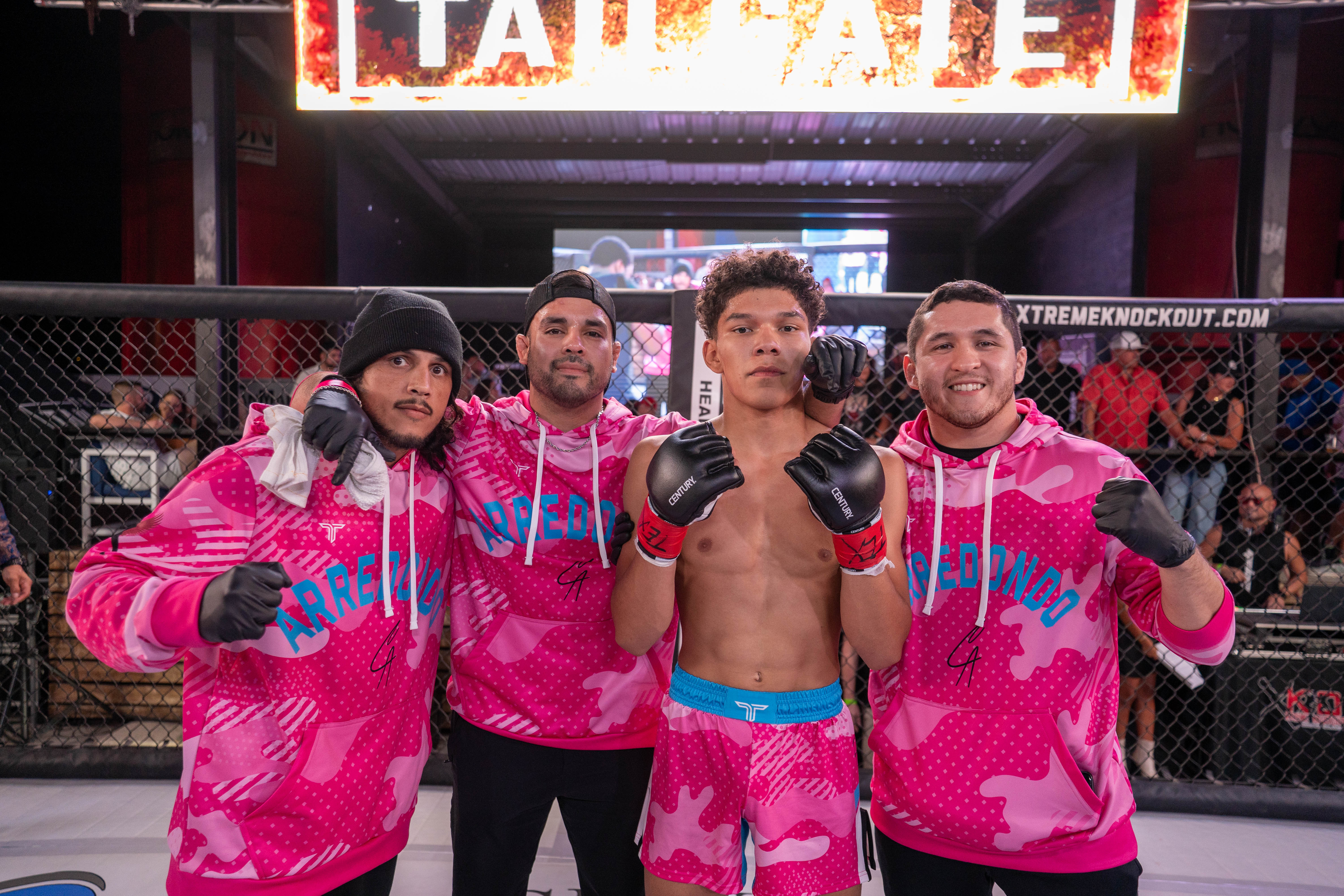 Caleb Arredondo (second from right) stands with his coaches after his MMA debut win in Midland on Sept. 20, 2025. From left: Angel Delgado, Conrad Duran, and Michael Cuellar. (Cory Hamilton Photography) Caleb Arredondo (second from right) stands with his coaches after his MMA debut win in Midland on Sept. 20, 2025. From left: Angel Delgado, Conrad Duran, and Michael Cuellar. (Cory Hamilton Photography)