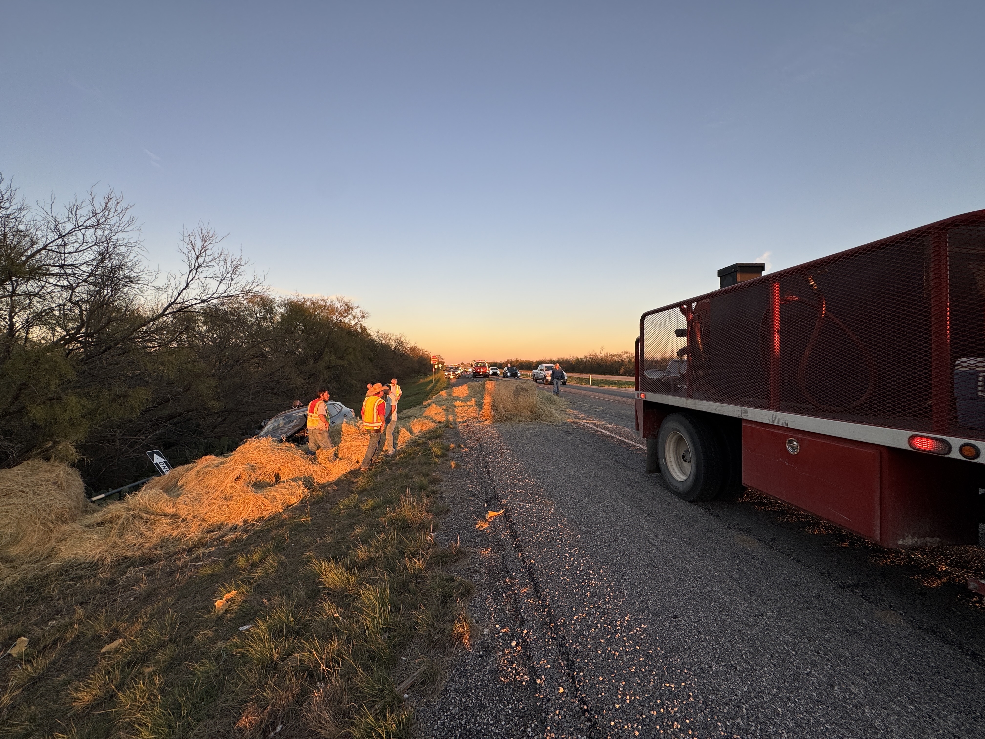 Hay bales that fell from a farmer’s truck caused a crash on US Highway 67 outside the small town of Miles on Friday evening.