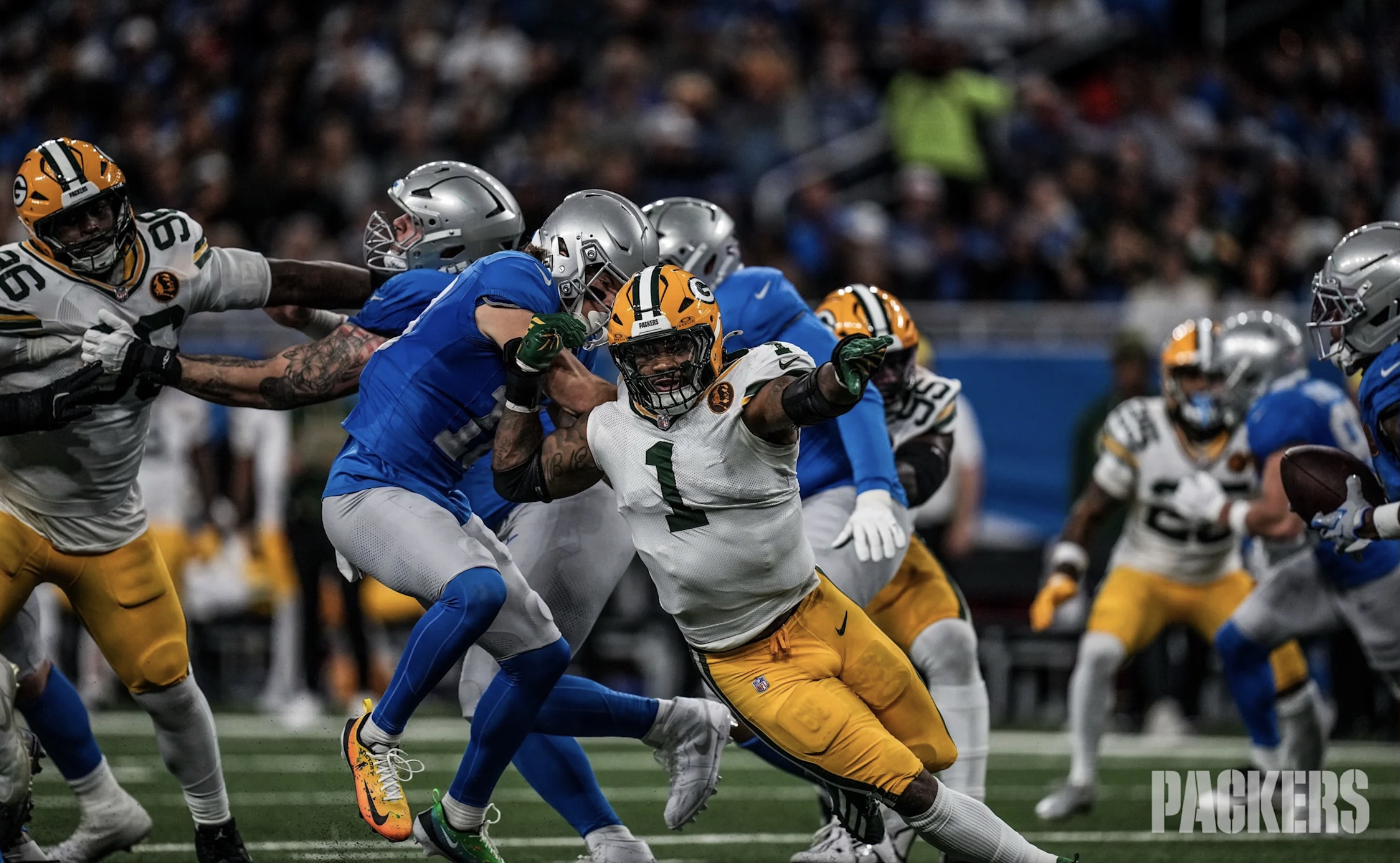 Green Bay Packers Micah Parsons in action against the Detroit Lions