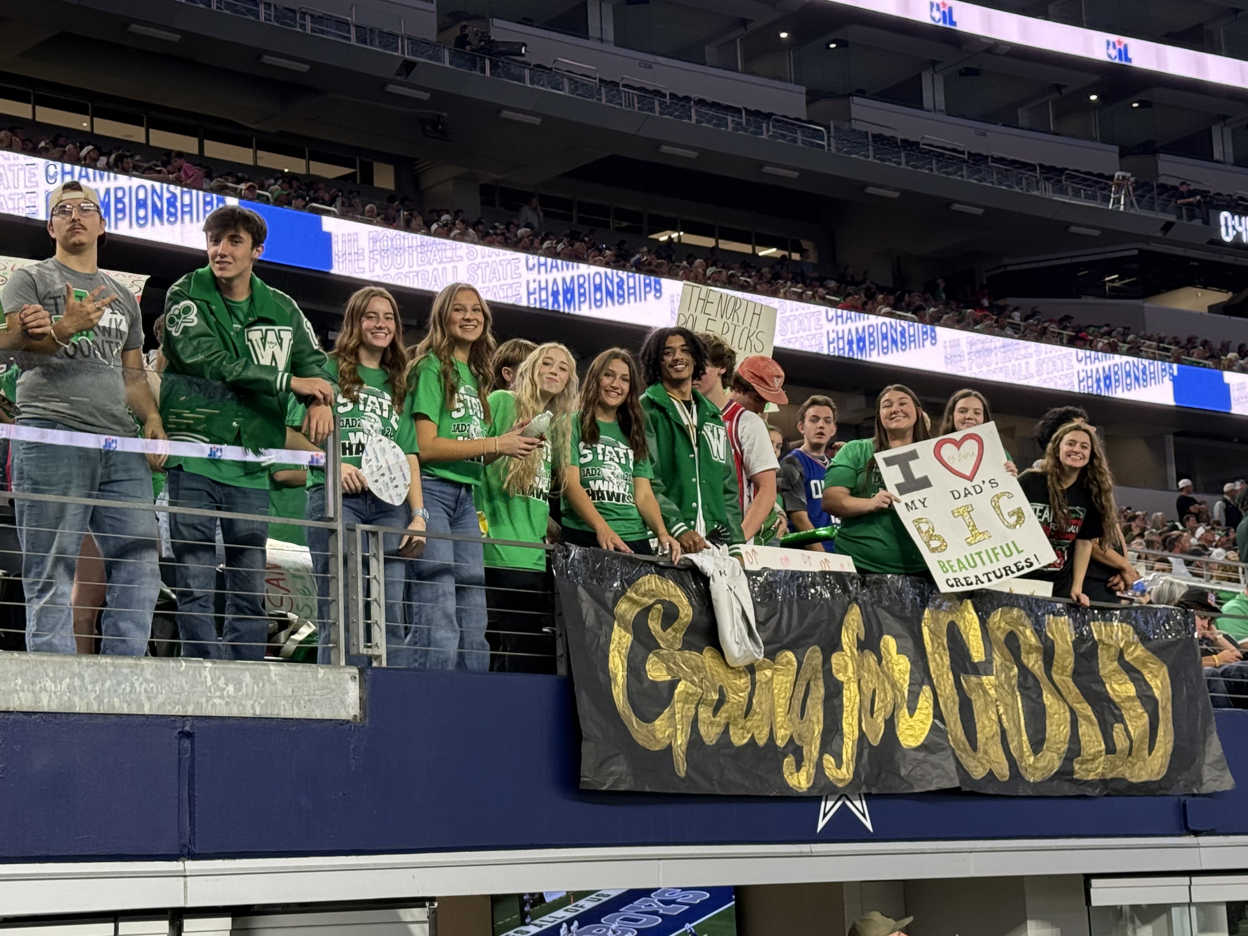 Wall's fans cheer for the Hawks during their 25-24 win over Newton in the Class 3A Division II state final Thursday, Dec. 18, 2025, at AT&amp;T Stadium in Arlington.