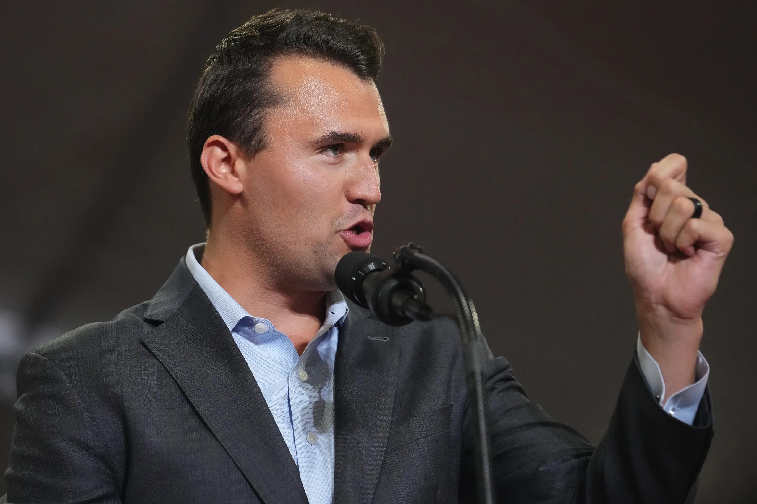 Turning Point USA founder Charlie Kirk speaks during a rally for vice presidential nominee JD Vance at Arizona Christian University in Glendale, Arizona on July 31, 2024.