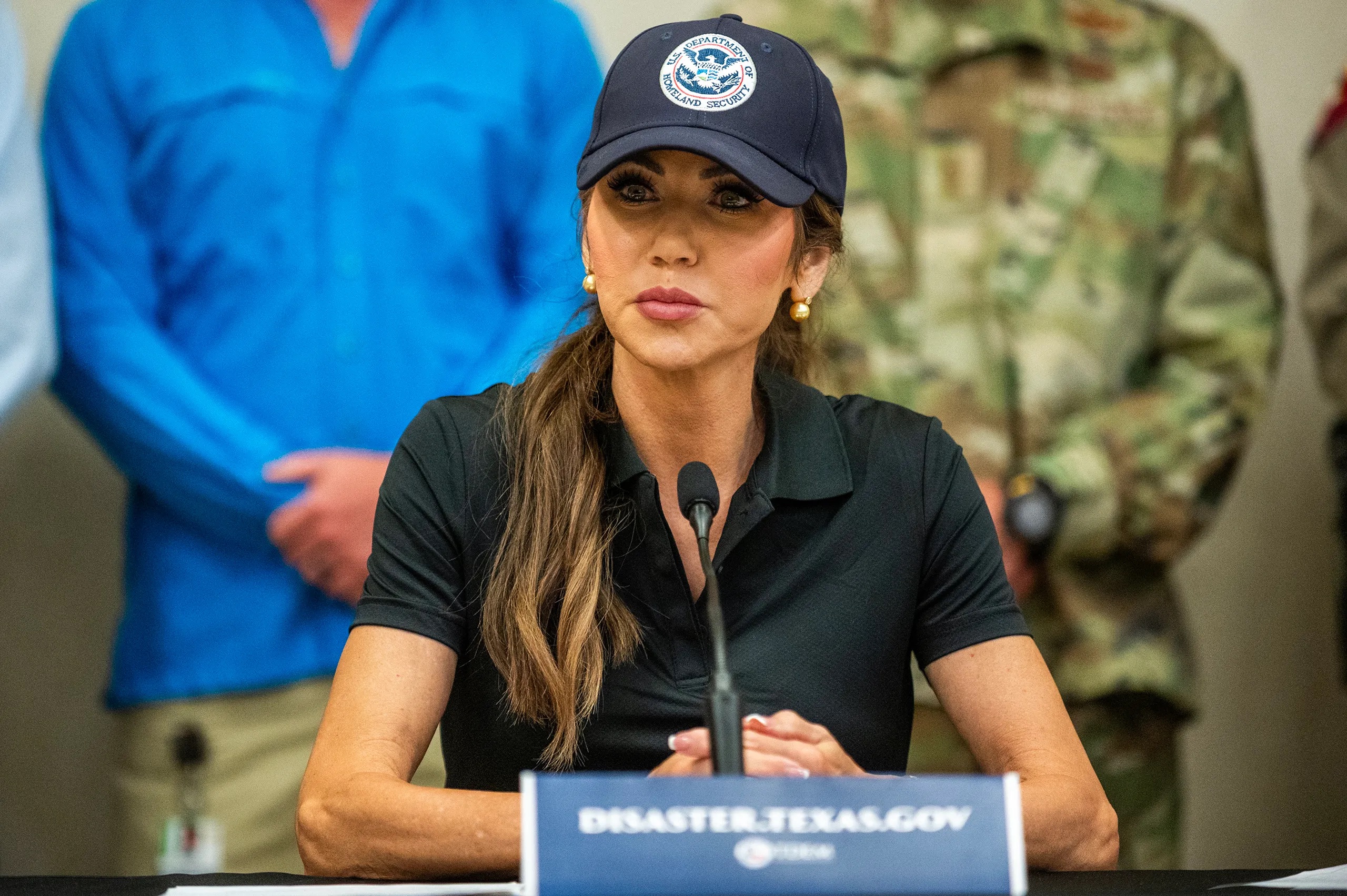 Kristi Noem, Secretary of Homeland Security speaks during a press confrence at Hill Country Youth Event Center on Saturday June 5, 2025 in Kerrville, Texas.