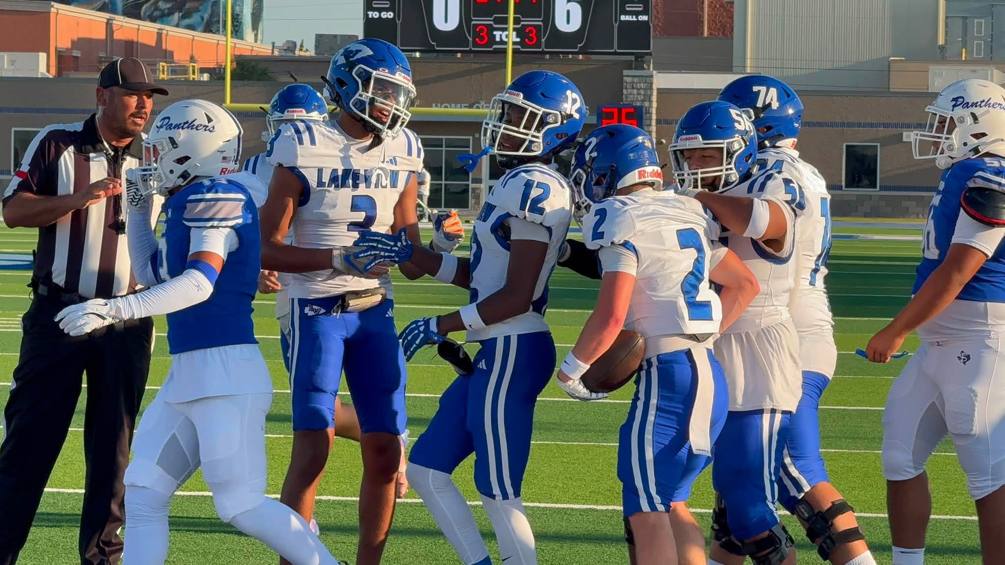 Chris Rodela (2) celebrates with his Lake View teammates after a touchdown catch against Fort Stockton on Friday, Aug. 28, 2026.