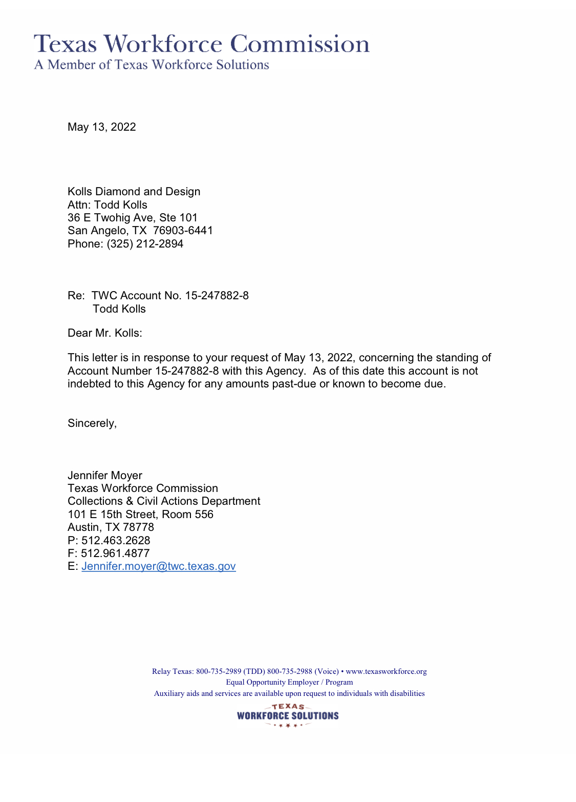 Letter of good standing with TWC