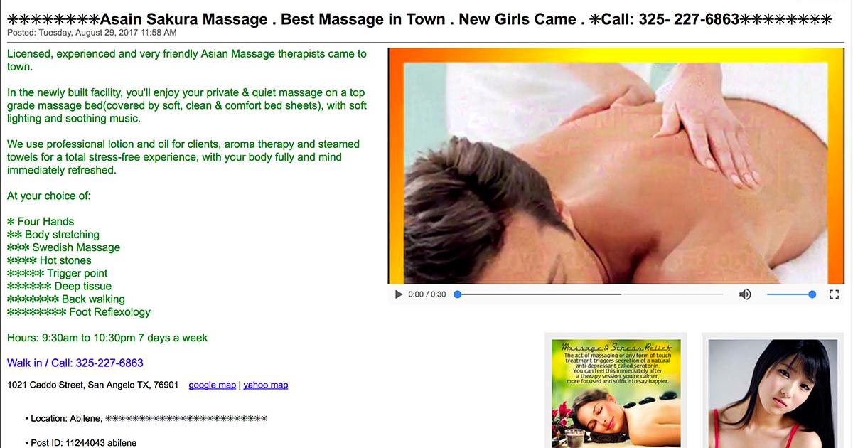 Above: A Backpage ad for the massage parlor at 1021 Caddo. 