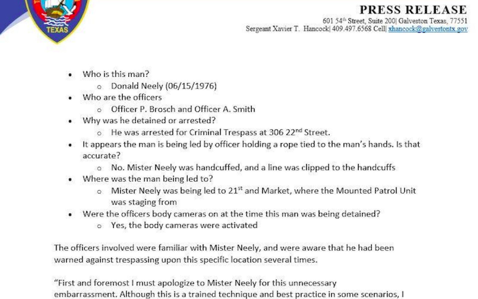 Galveston Police Department Press Release