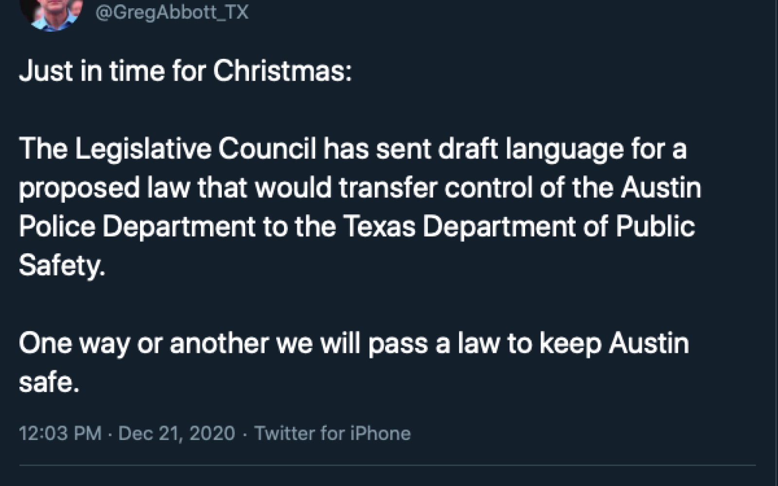 Gov. Greg Abbott Tweet About Transferring Control of APD tp Texas DPS
