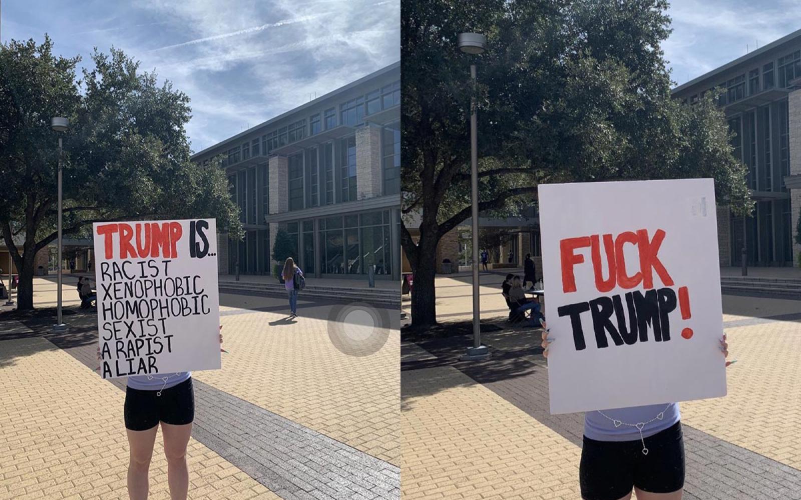 Obscene signs held by a student near the Memorial Student Center posted by jennaoski on Twitter