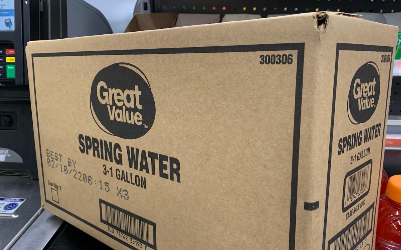 The 3-gallon case of water available at the Walmart Neighborhood Market on Sherwood Way on Thursday evening
