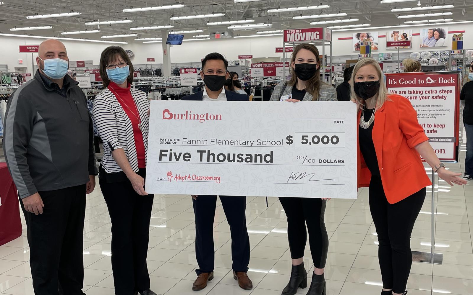 Burlington San Angelo Store presentation of $5,000 check to Fannin Elementary School on March 19, 2021.
