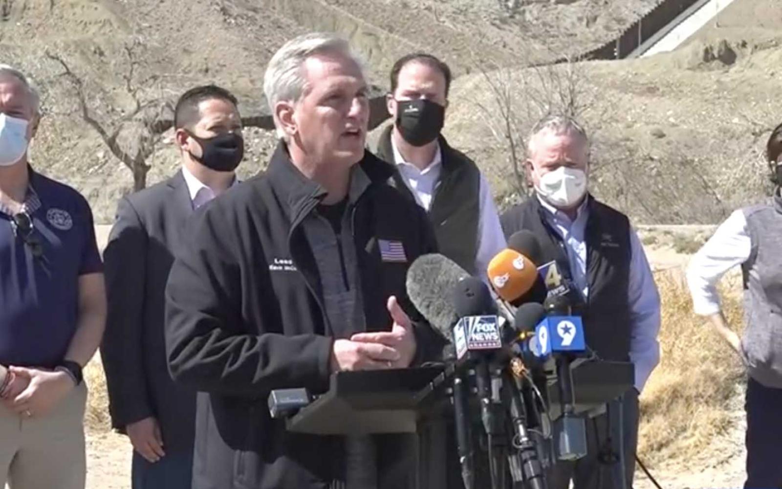 House Minority Leader Kevin McCarthy is flanked by Congressmen Tony Gonzales (TX-23) and August Pfluger (TX-11) during a fact-finding visit to border security facilities in El Paso on March 15, 2021.
