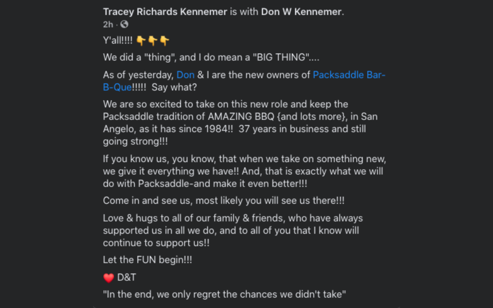 Packsaddle BBQ has new owners.