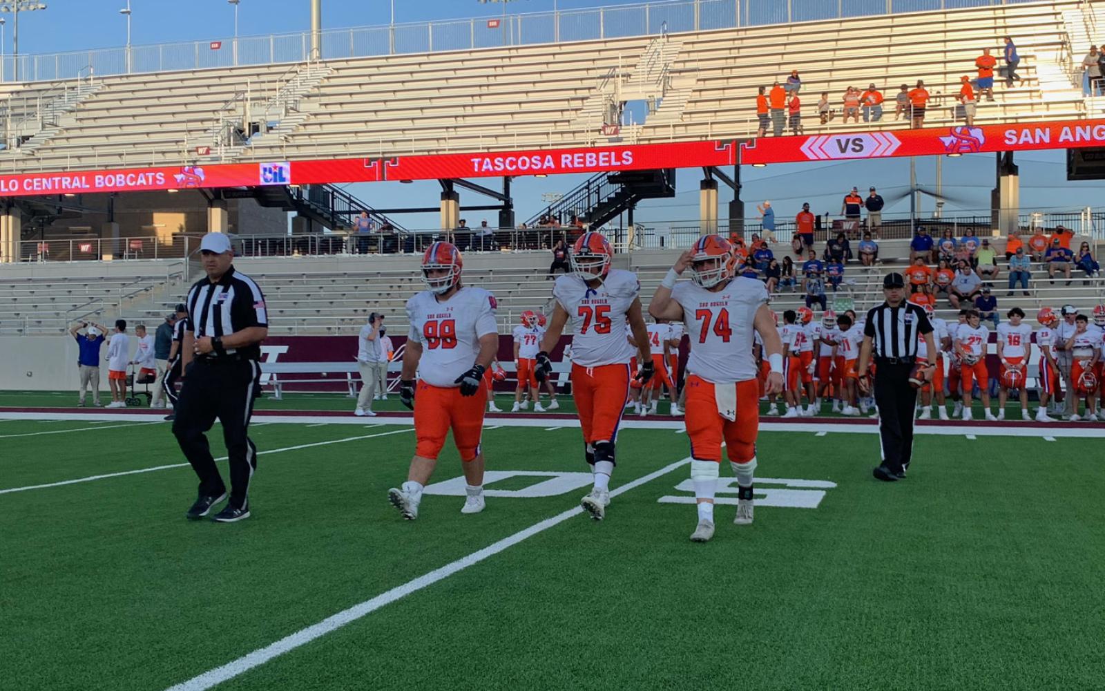 San Angelo Central Bobcats team captains head to the coin toss at the Central vs. Amarillo Tascosa game on Sept. 17, 2021
