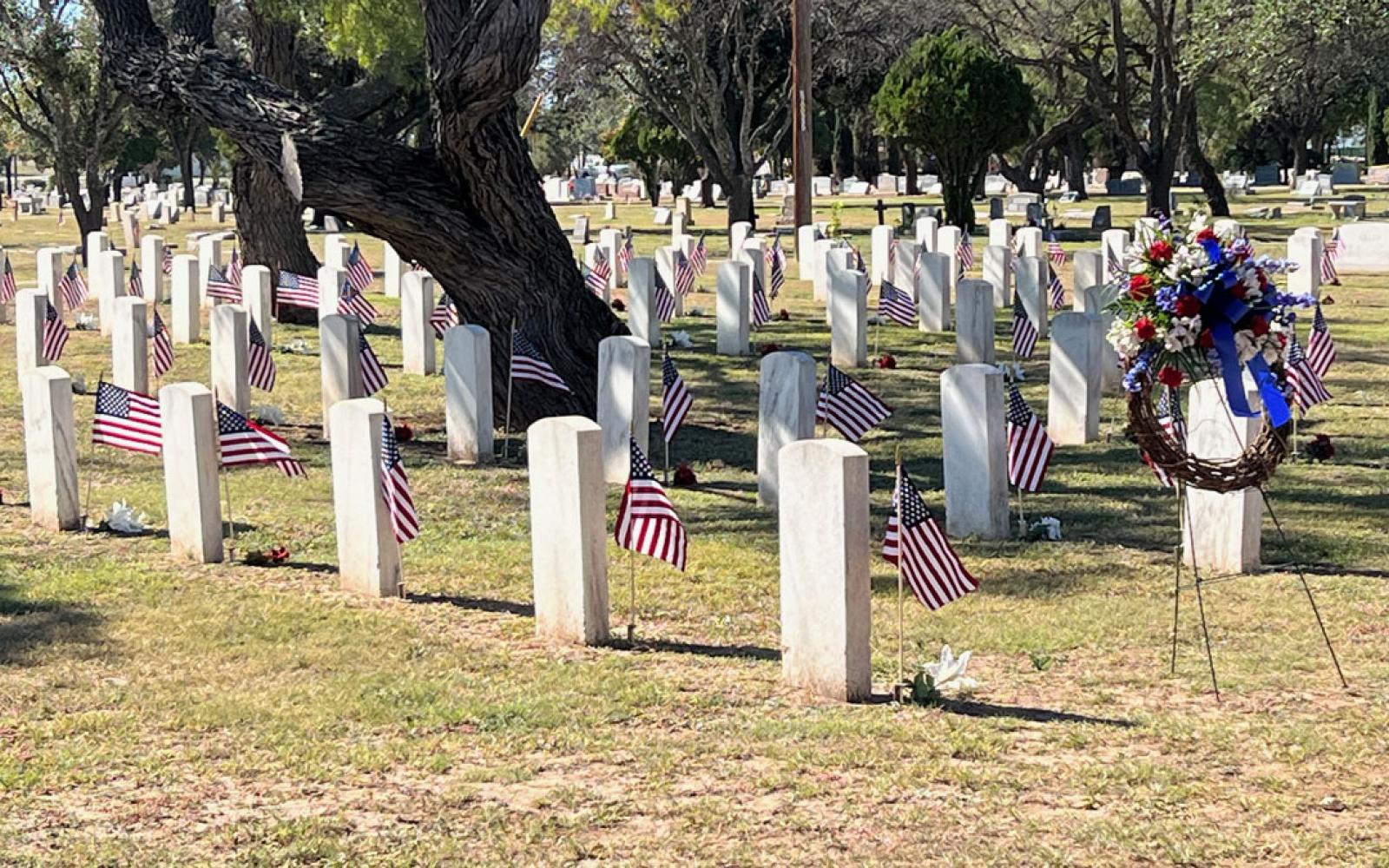 Graves of military veterans are decorated with American flags at Fairmount Cemetery for Veterans Day