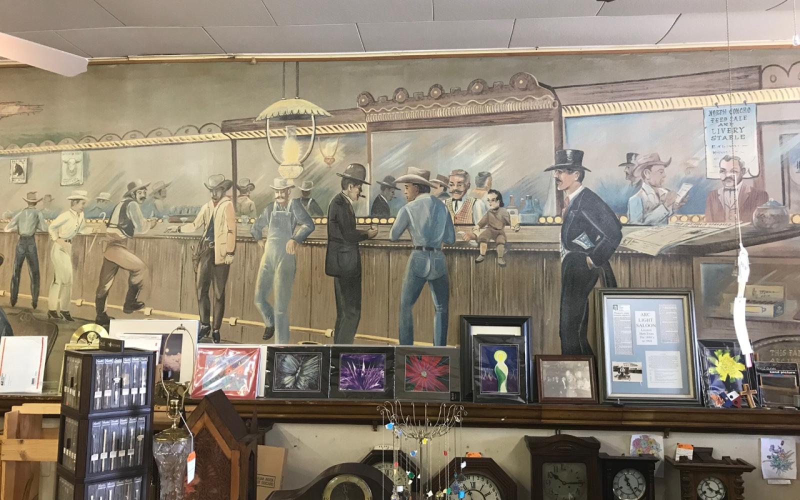 A wide view of the Arc Light Saloon mural at the Heritage Haus. 