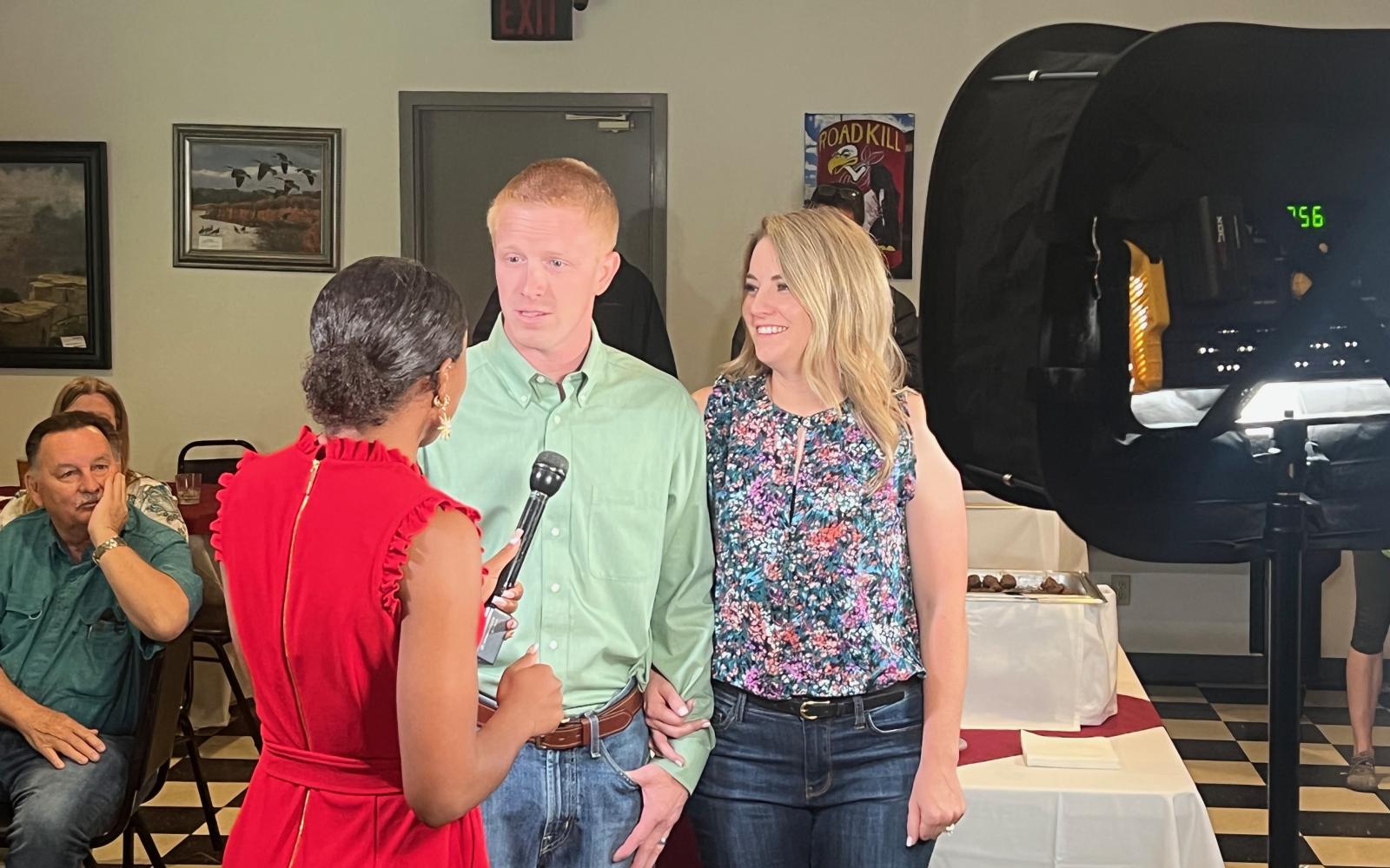 Republican nominee for Tom Green County Judge Lane Carter and his wife Paige is interviewed by KLST's Erin Hunter from his election watch party on May 24, 2022