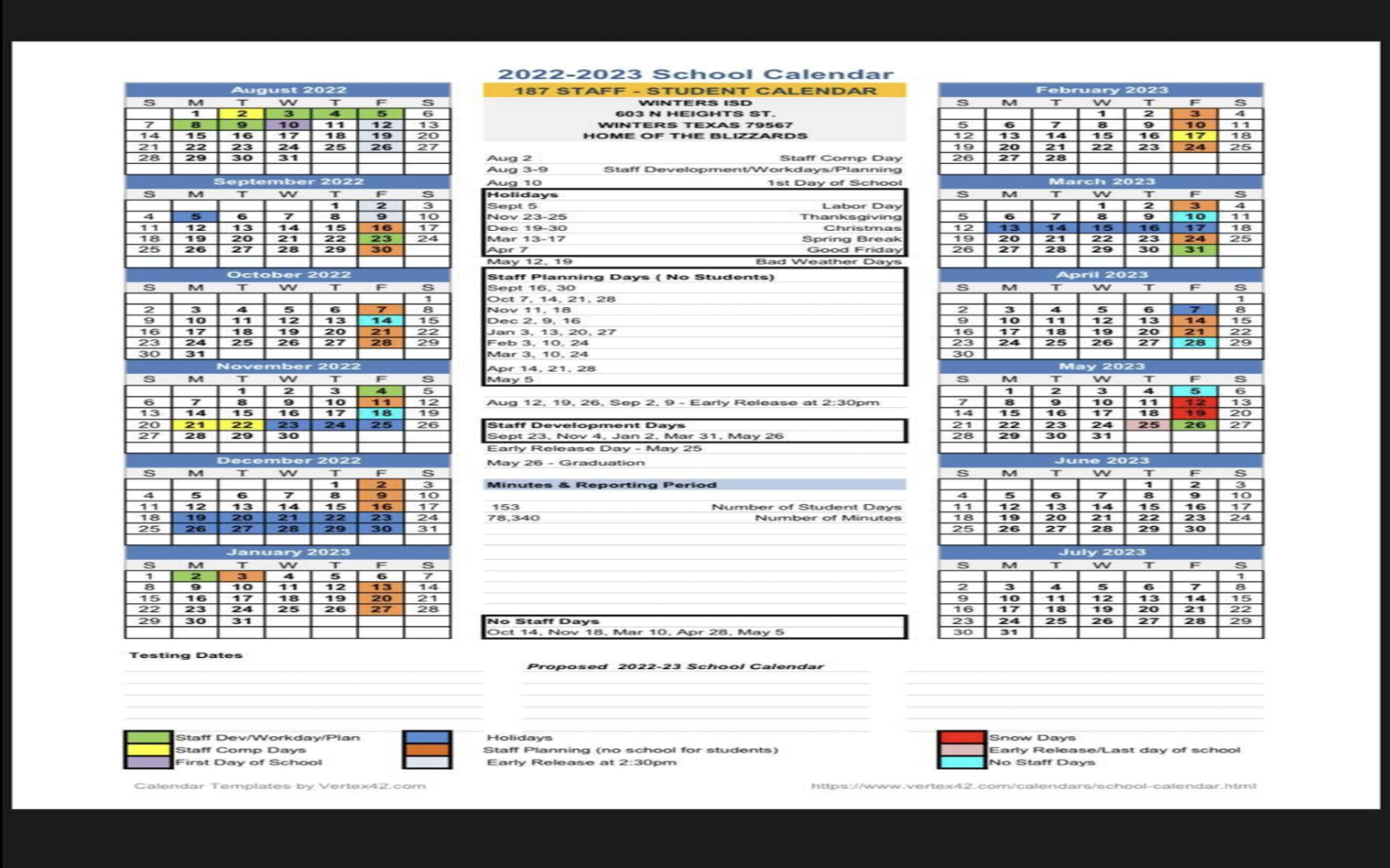 Winters ISD 4-Day School Week Calendar