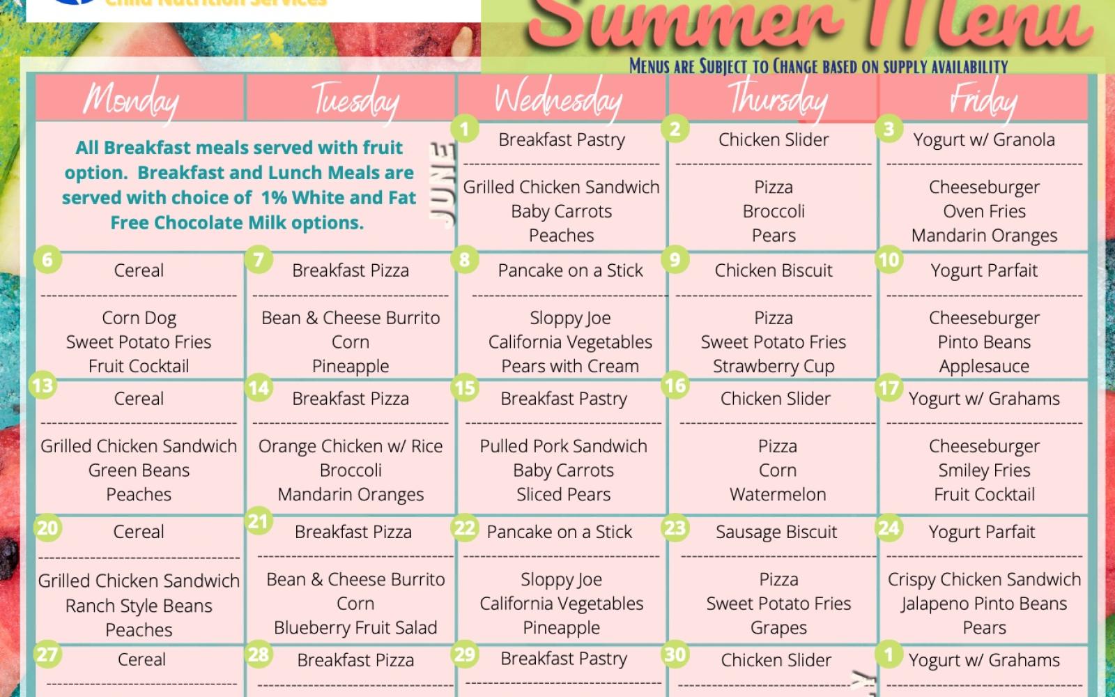 San Angelo ISD Summer Meal Program Menu (Contributed/SAISD)