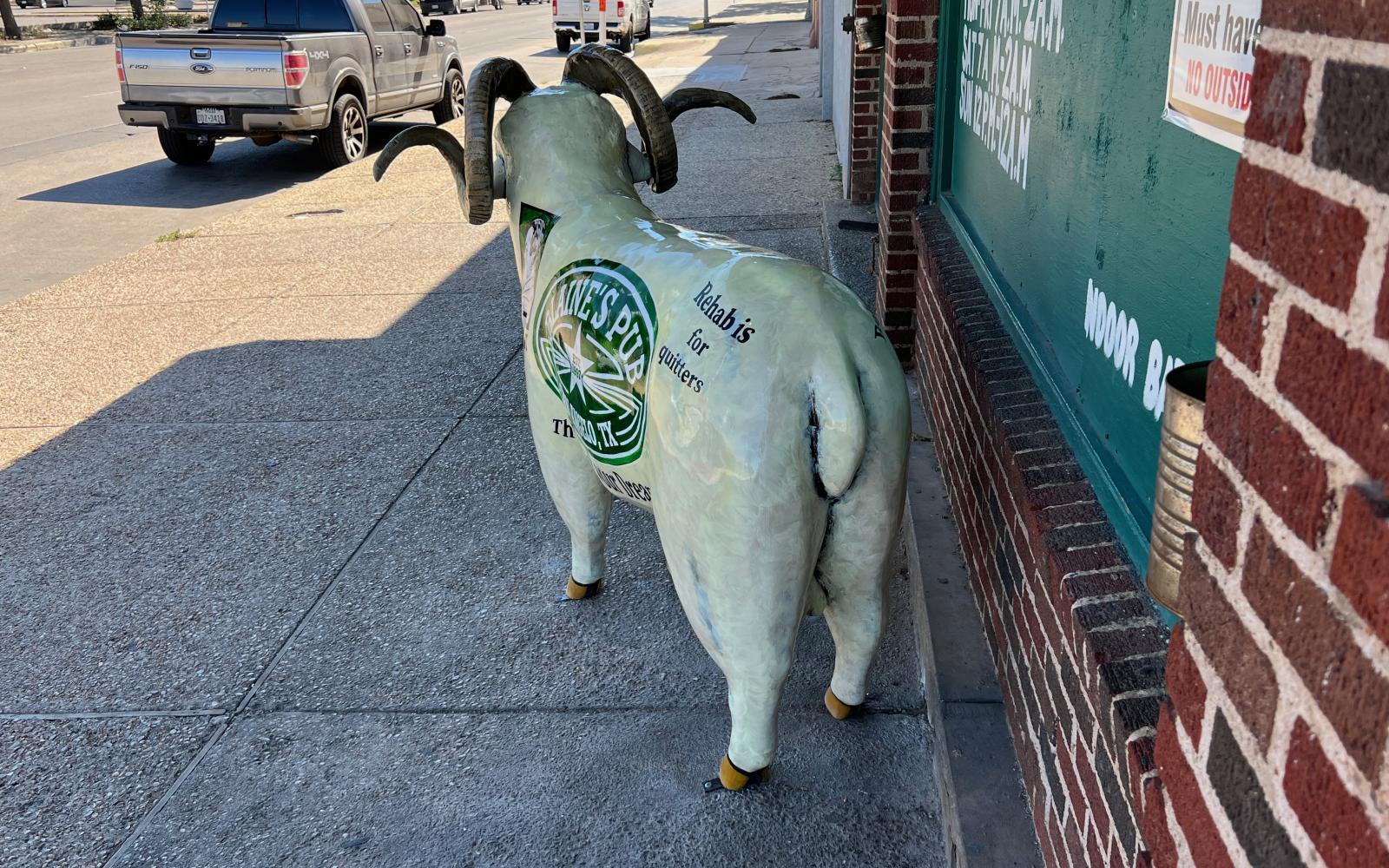 The ram bolted down in front of Blaine's Pub was unveiled on July 7, 2022