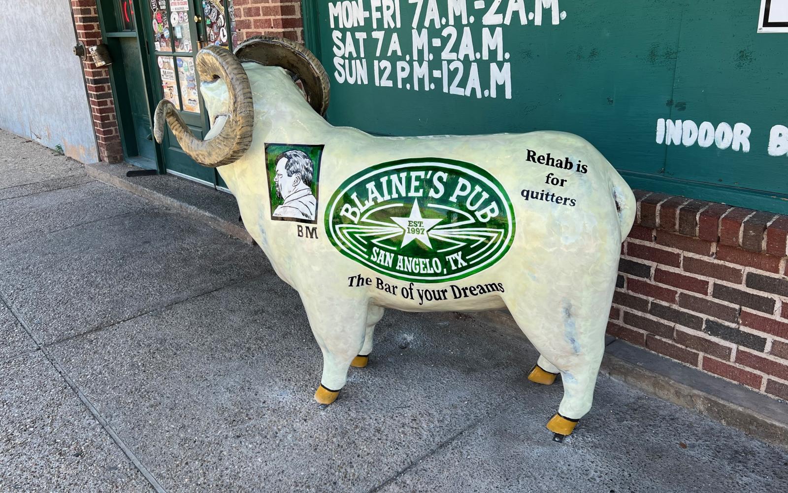 The ram bolted down in front of Blaine's Pub was unveiled on July 7, 2022