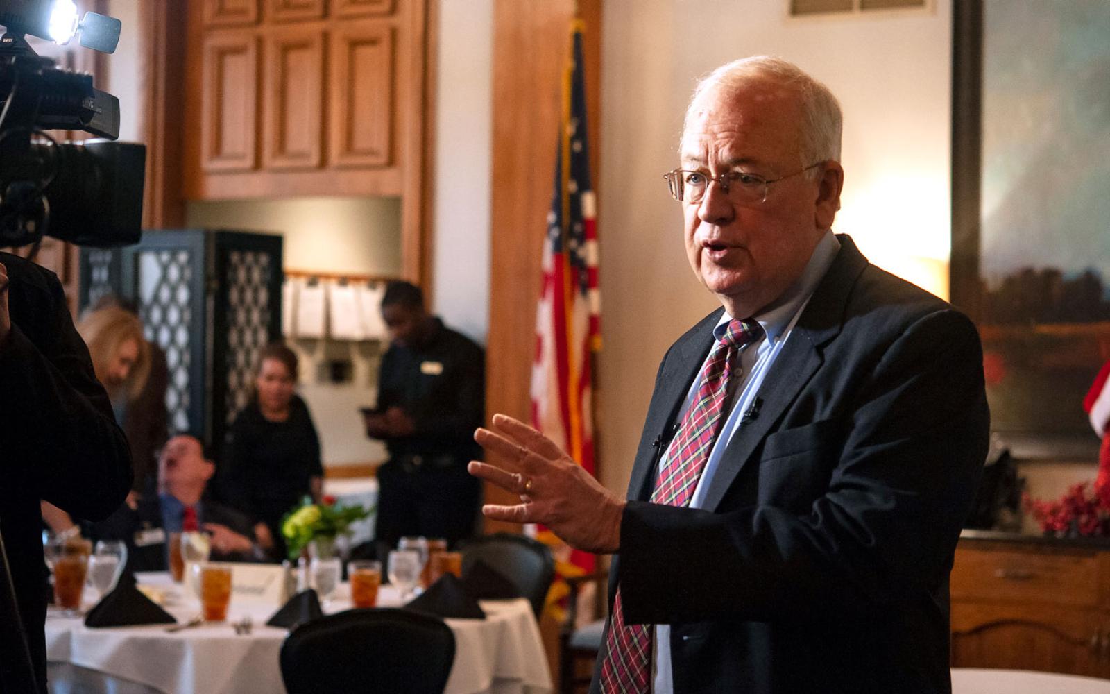Former U.S. solicitor general and independent counsel Kenneth W. Starr speaks to the media during a press conference before his presentation at a luncheon for The Rotary Club of Tyler at Hollytree Country Club in Tyler, Texas on Thursday Dec. 13, 2018. In August 1994, Starr became independent counsel responsible for overseeing several investigations involving the Clinton administration, including Whitewater and the Monica Lewinsky scandal. (Sarah A. Miller/Tyler Morning Telegraph via AP)