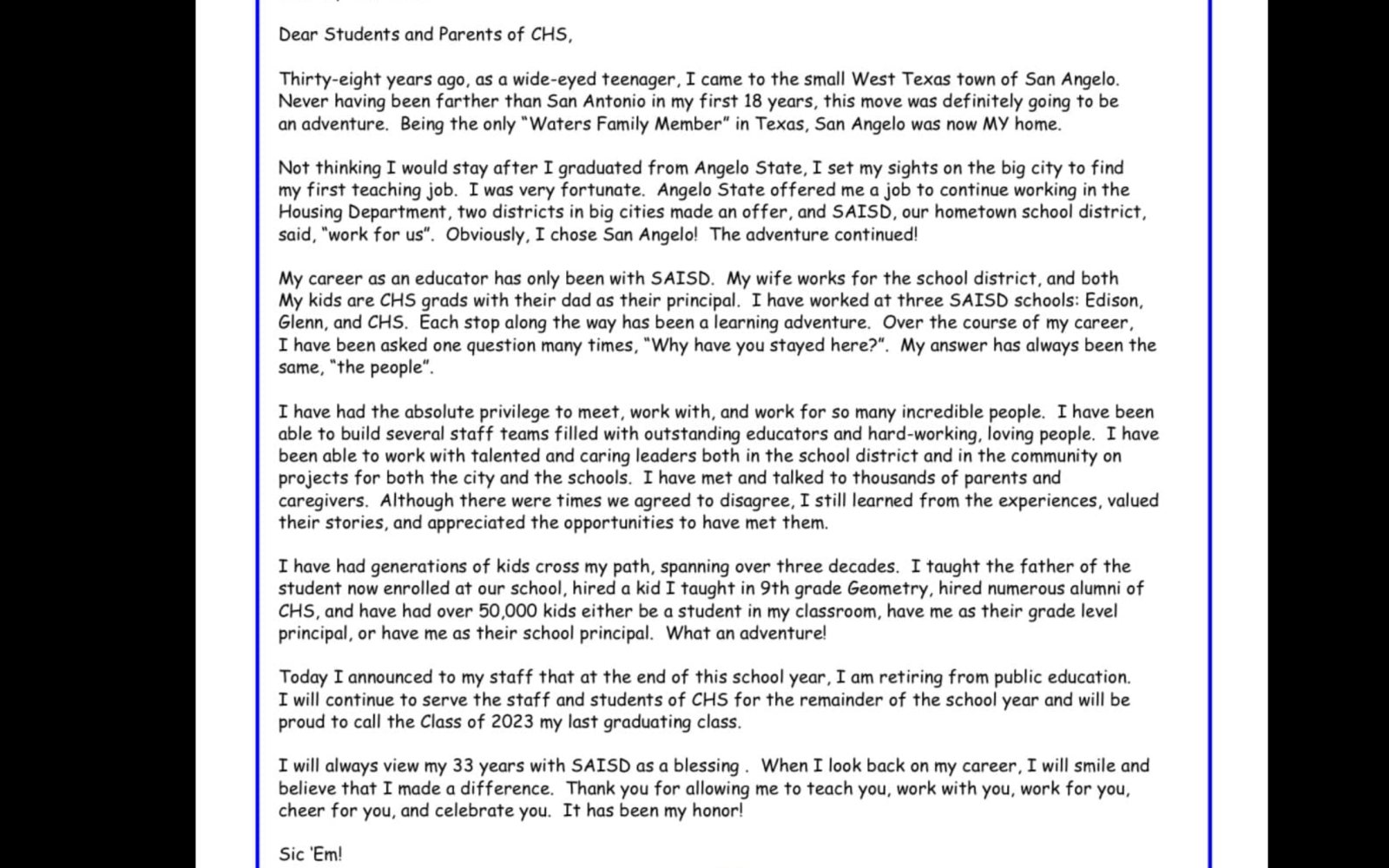 Bill Waters Letter to his Teachers and Students