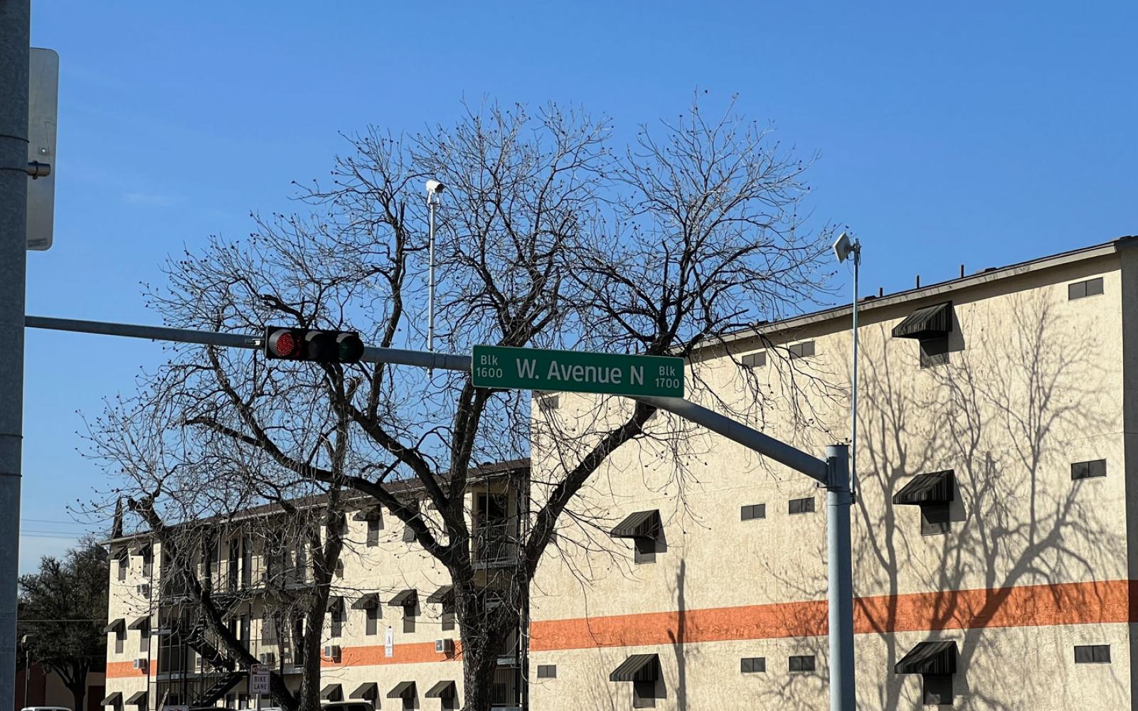 Traffic sensors on the traffic lights at the intersection of W. Avenue N and S. Jackson St. closer.