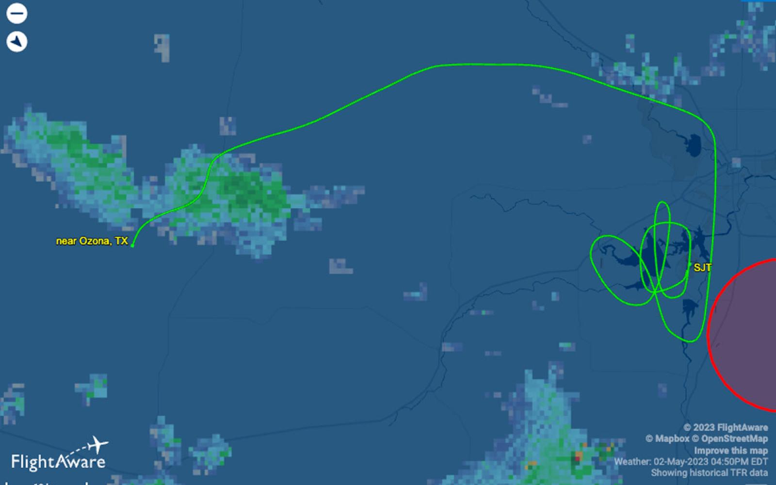 The flight path of the troubled L-39 that crash landed on the Rocker B Ranch near Mertzon on May 2, 2023.