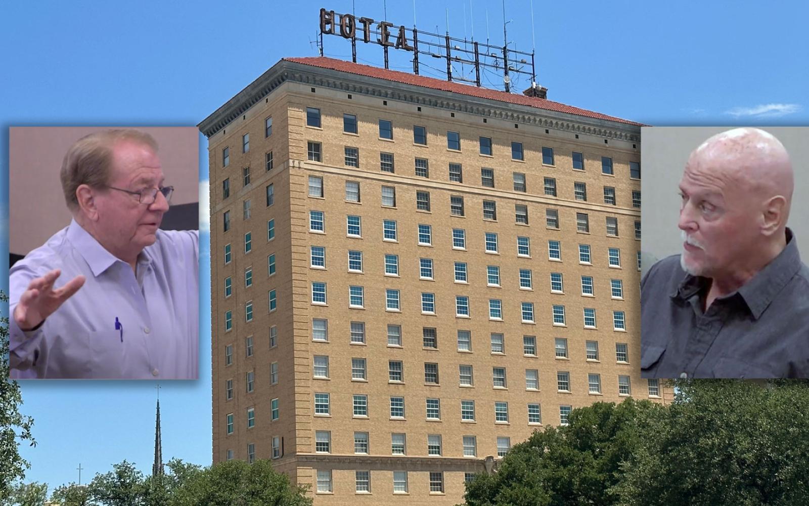 Lee Pfluger (L) vs Zane White (R). The topic of the lawsuit, the Cactus Hotel, is in the background.