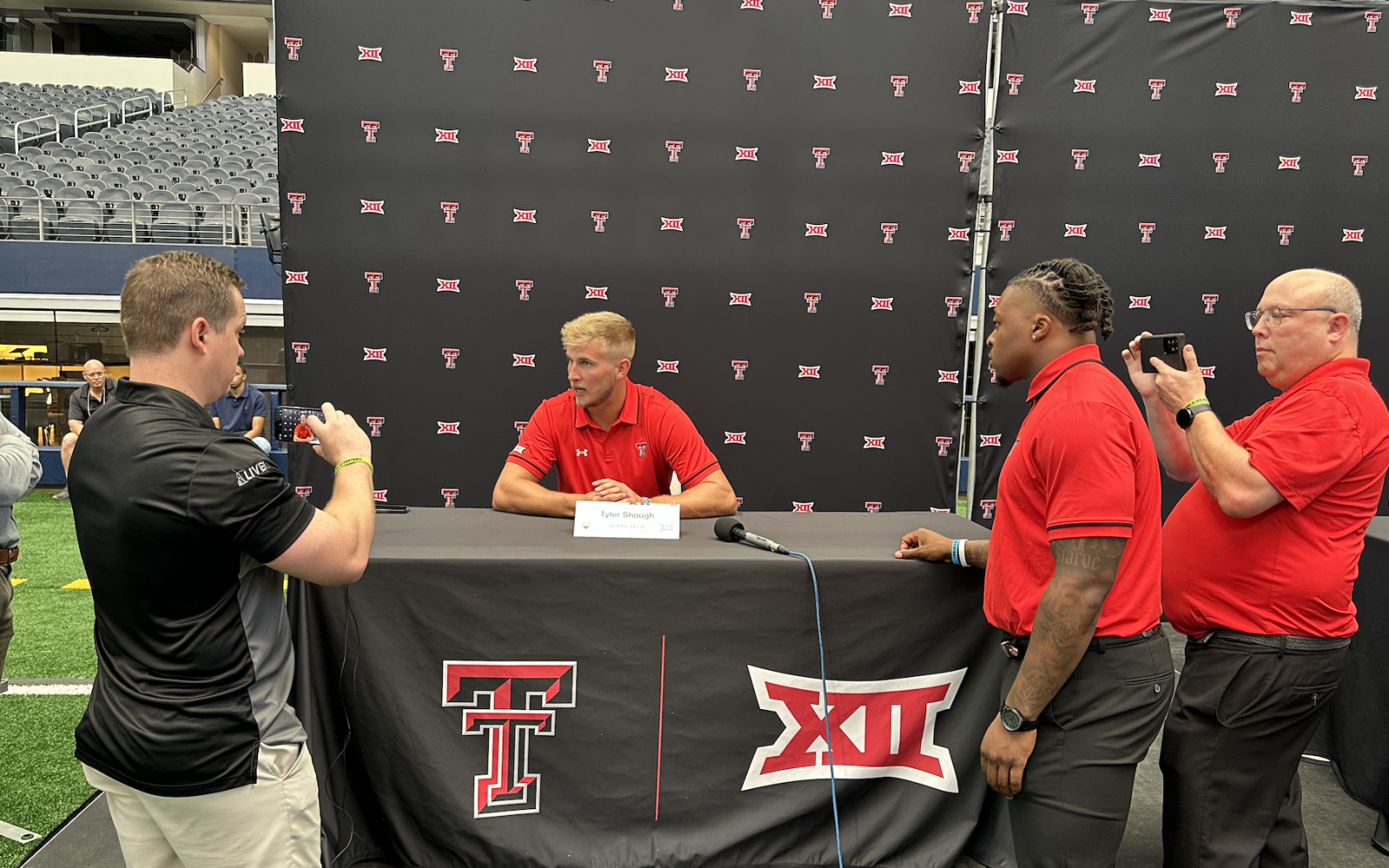 San Angelo LIVE!'s Ryan Chadwick (Left) Texas Tech QB Tyler Shough (Middle) Texas Tech RB Tahj Brooks (Right)