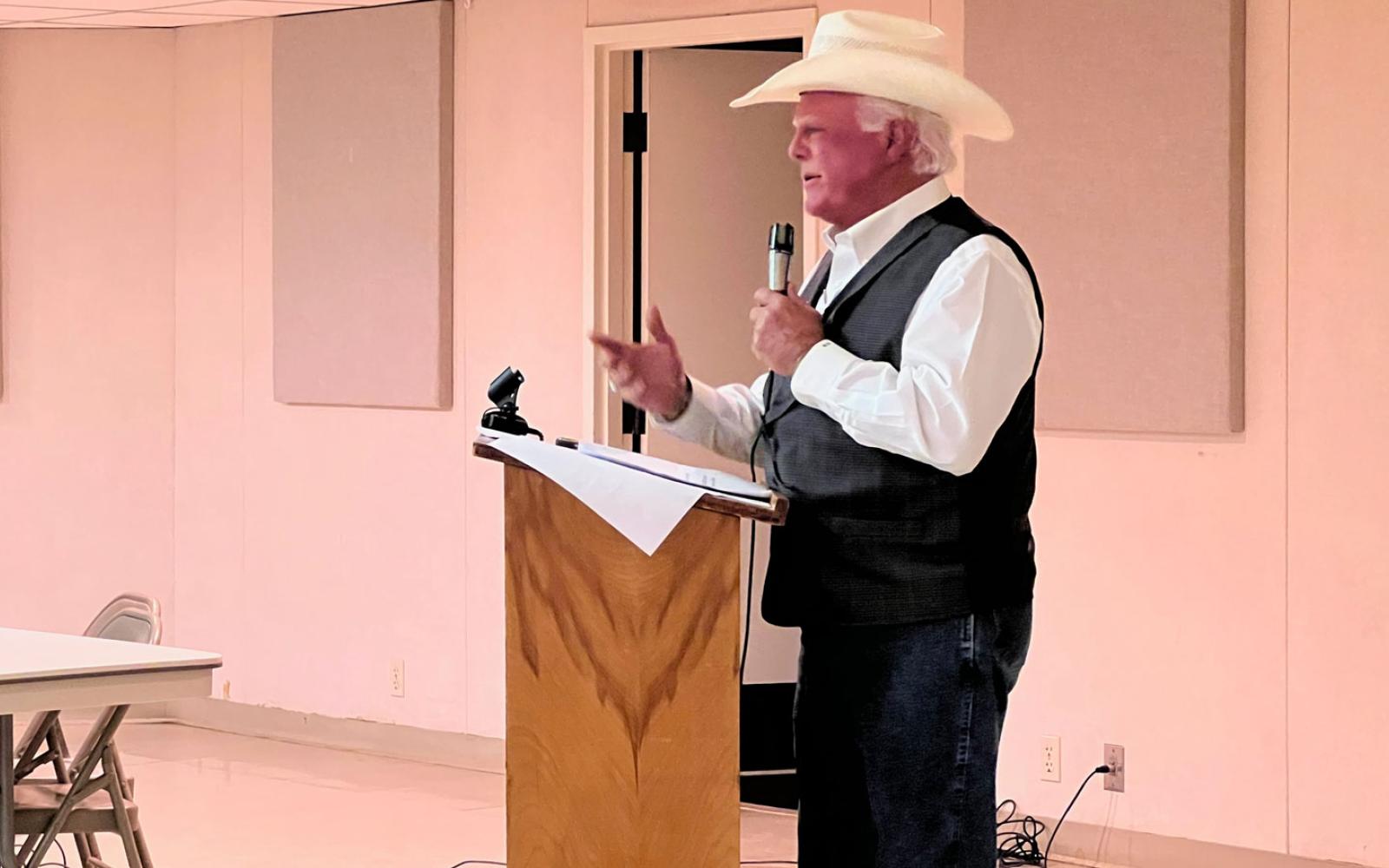 Texas Ag Commissioner Sid Miller speaks at the annual Texas Farm Bureau barbecue in Wall on August 8, 2023.