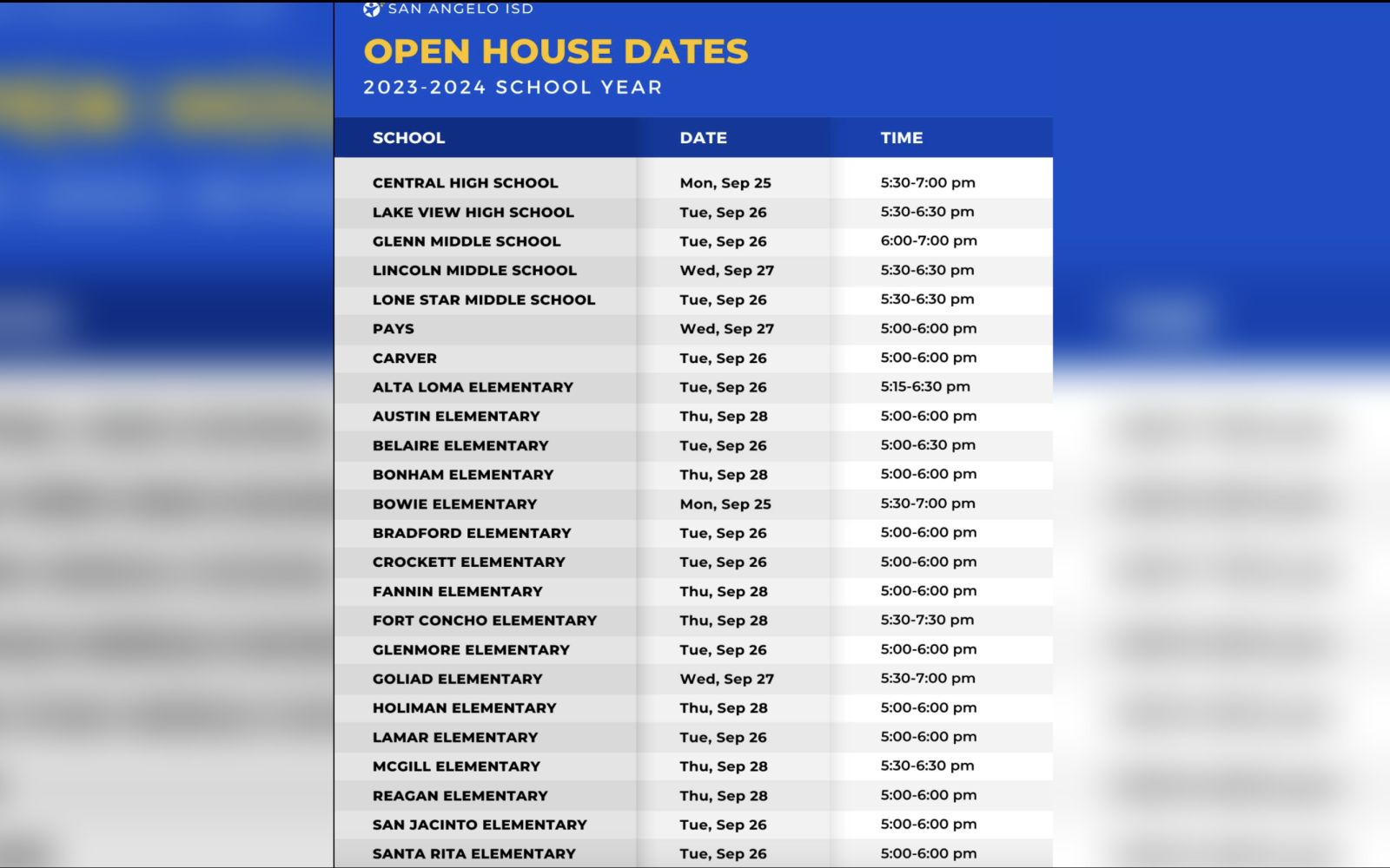 San Angelo ISD Open House Schedule