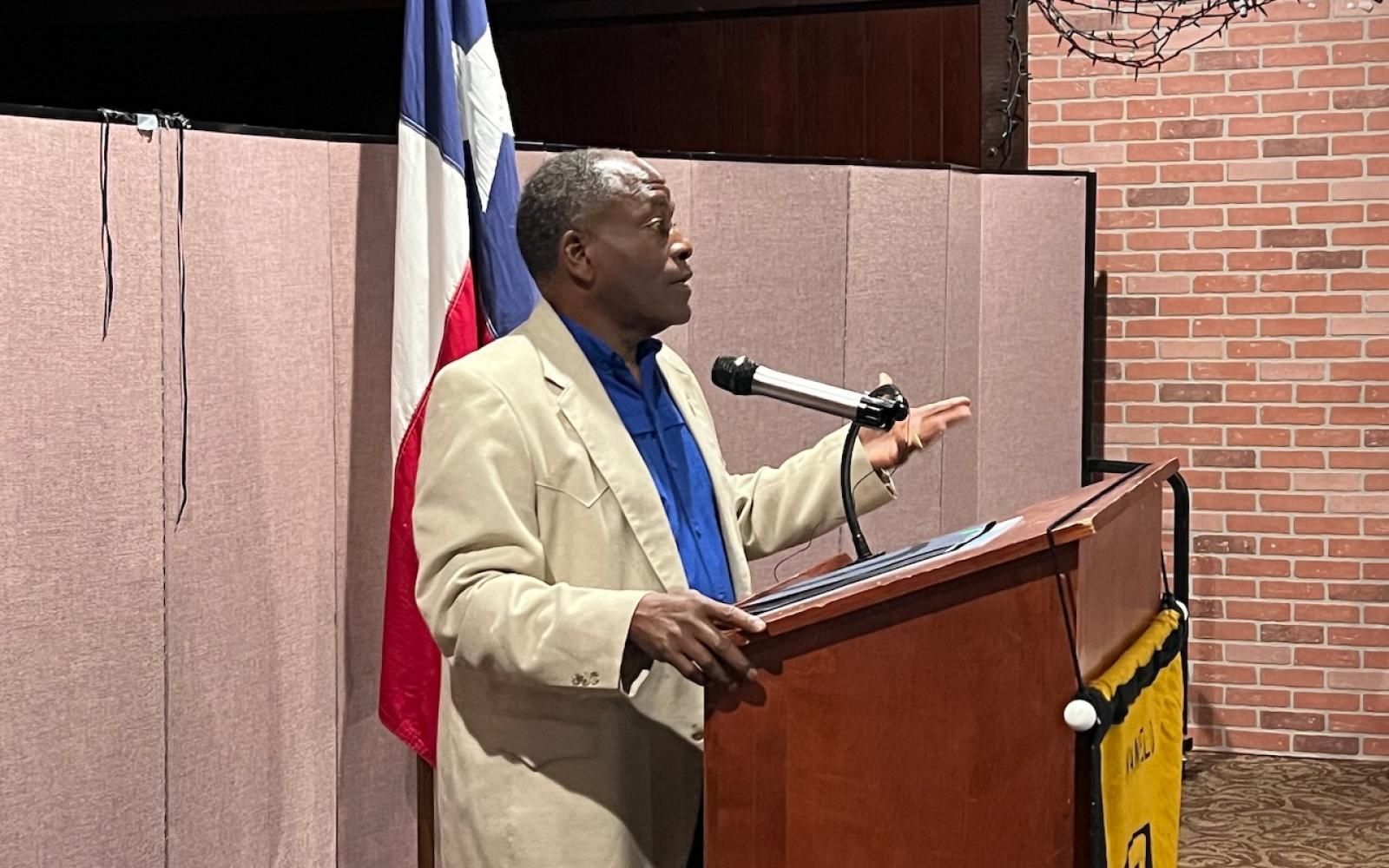 Angelo State University President Ronnie Hawkins addresses a crowd of about 50 San Angeloans at the Oct. 18, 2023 meeting of the San Angelo Pachyderm Club.