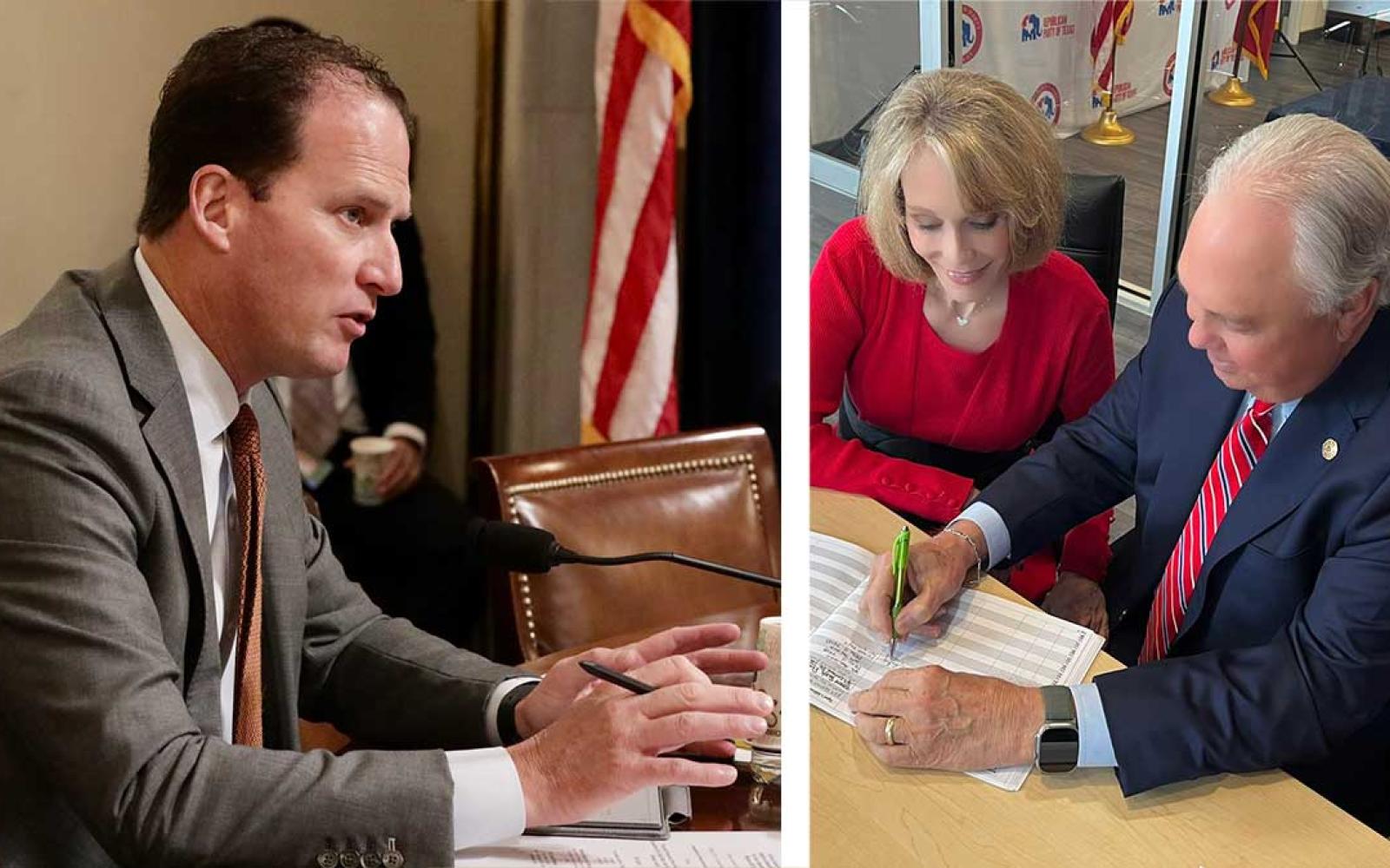 Left, U.S. Rep. August Pfluger; Right, State Rep. Drew Darby with his wife, Callista. Both filed for re-election on Nov. 13, 2023. 