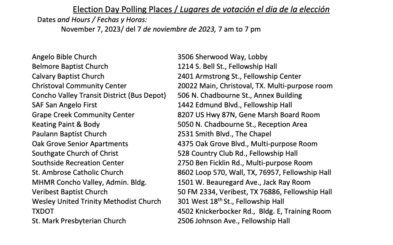 Polling Locations 11.7.23 (Courtesy TGC Elections)